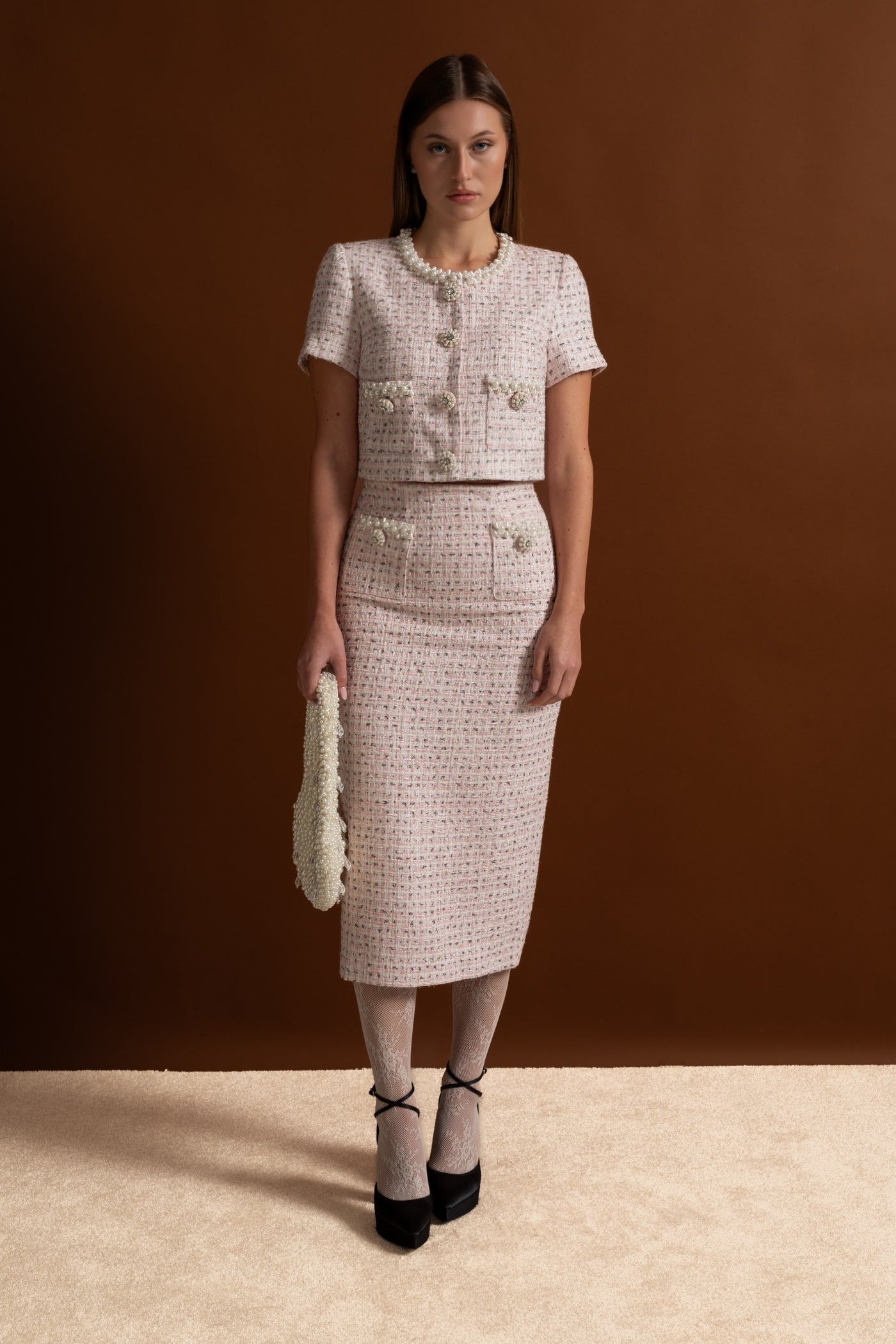 Short Sleeve Pearl-Embellished Top With Sparkling Buttons - Pink