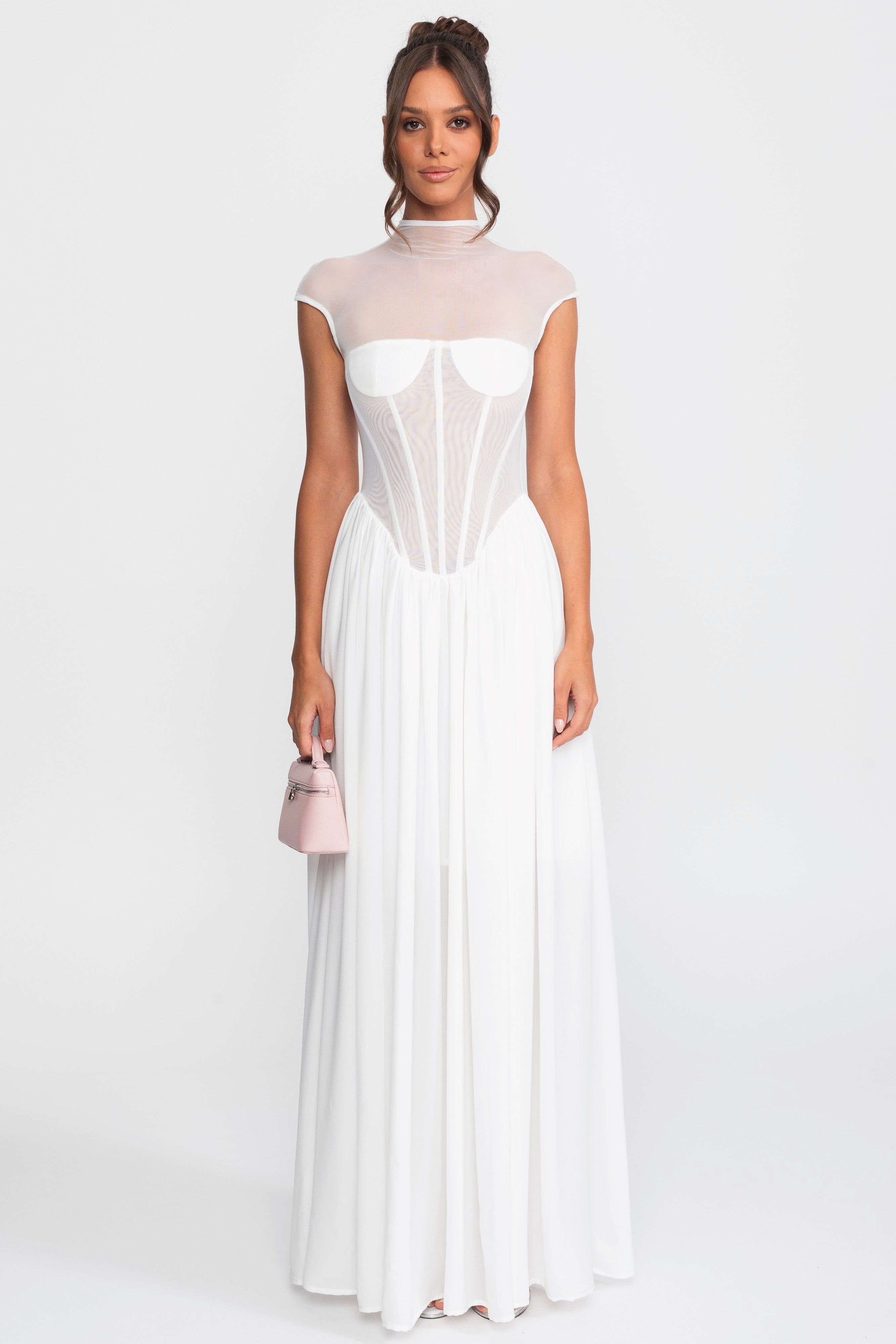 Transparantes Corsagen-Maxikleid mit Cap-Ärmeln – Weiß 