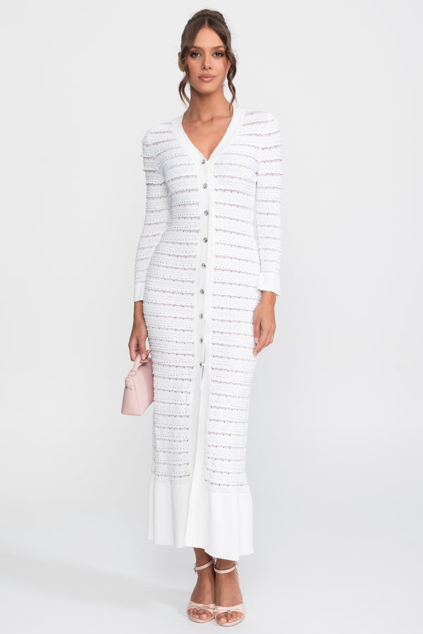 Maxi-Cardigan-Kleid aus strukturiertem Strick mit Kristallknopf – Weiß 