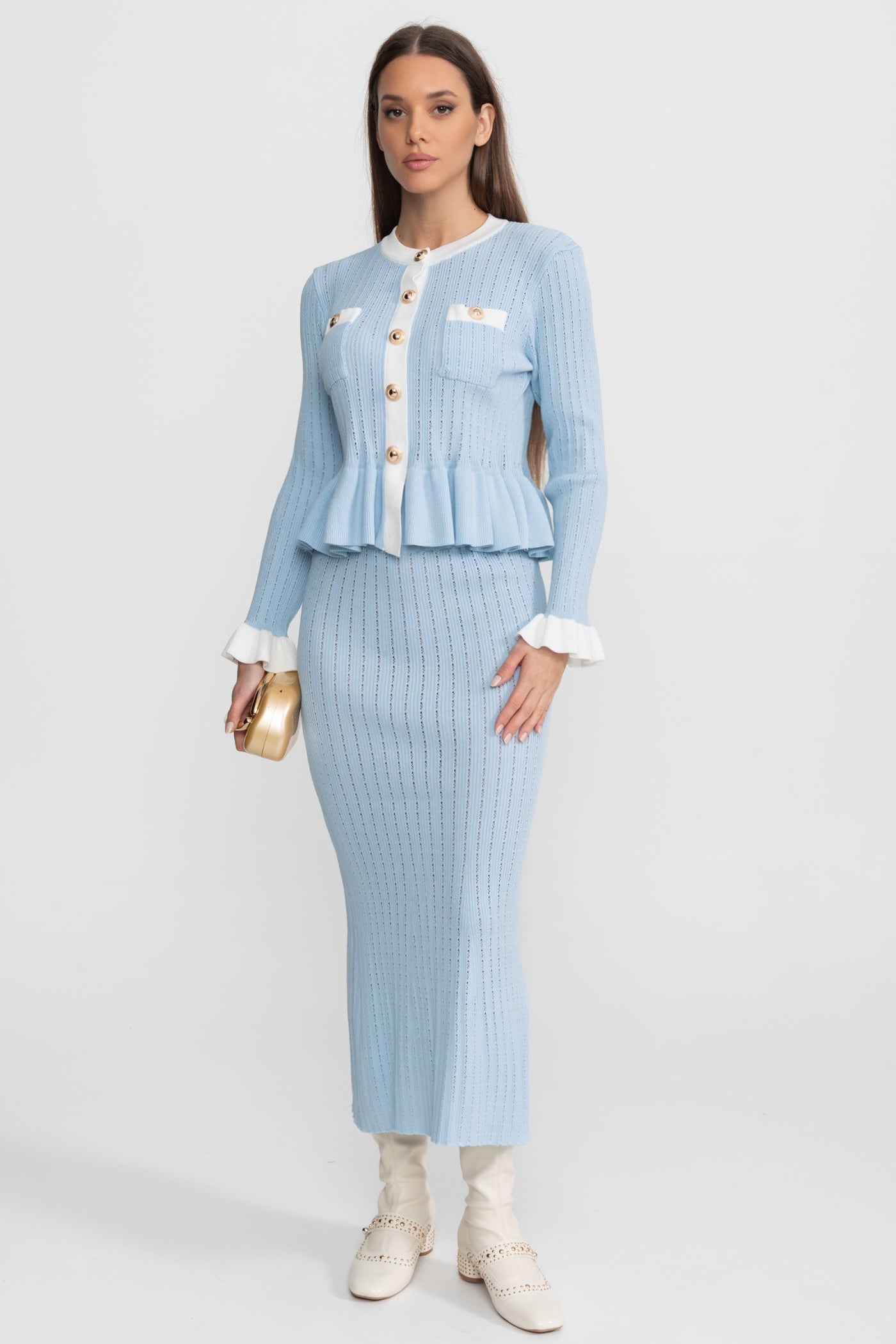 Pointelle Knit Midi Co-Ord with Contrast Trim – Baby Blue
