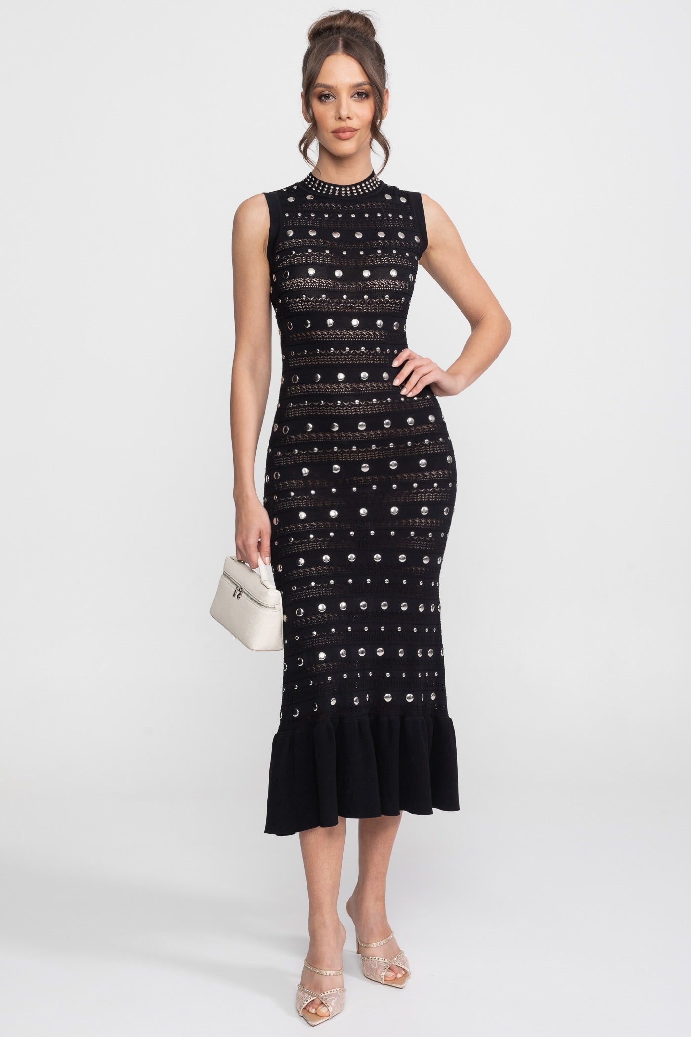 Embellished Knit Midi Dress With High Neck And Ruffle Hem - Black