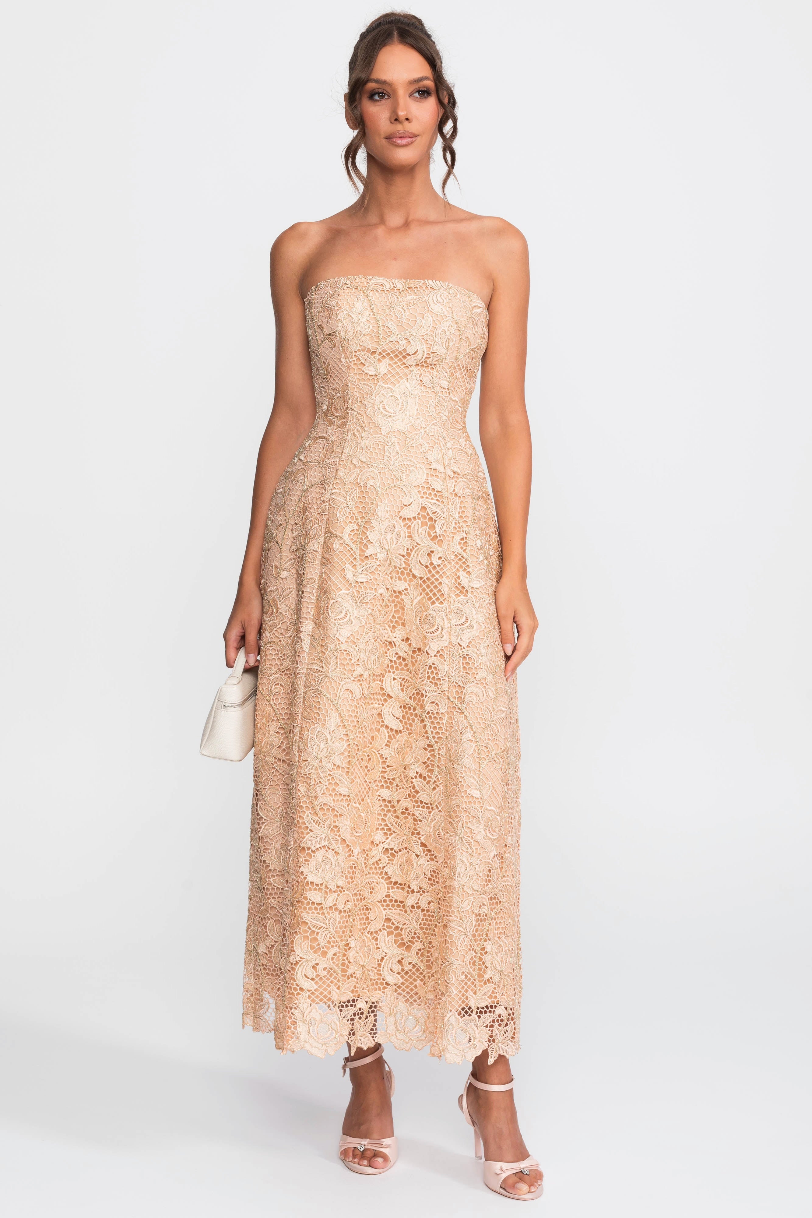 Strapless Floral Lace Ballgown With Full A-Line Skirt - Gold