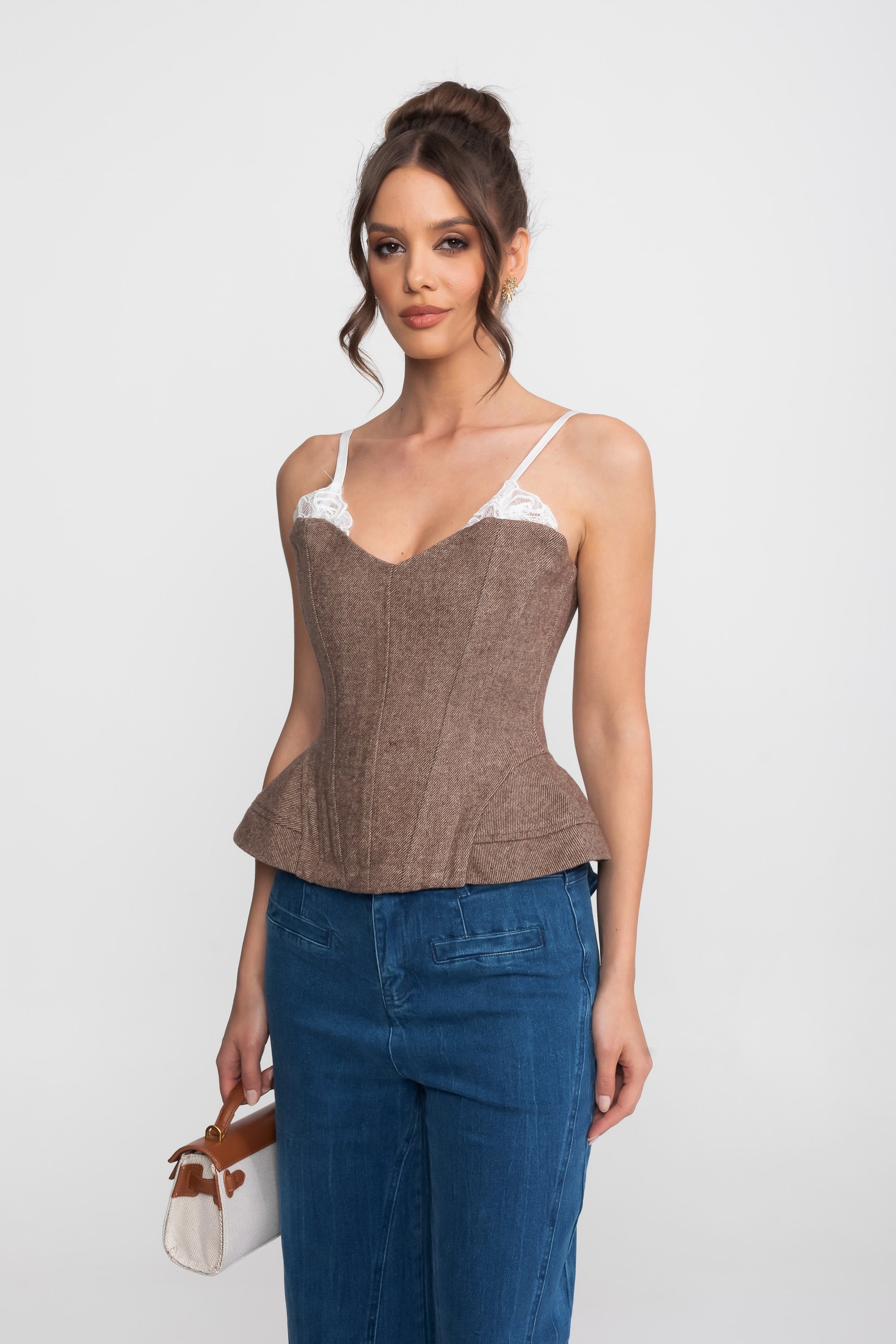 Strukturierter Tweed-Corsagen-Top mit Spitzen-Trägern und Peplum-Saum - Braun 