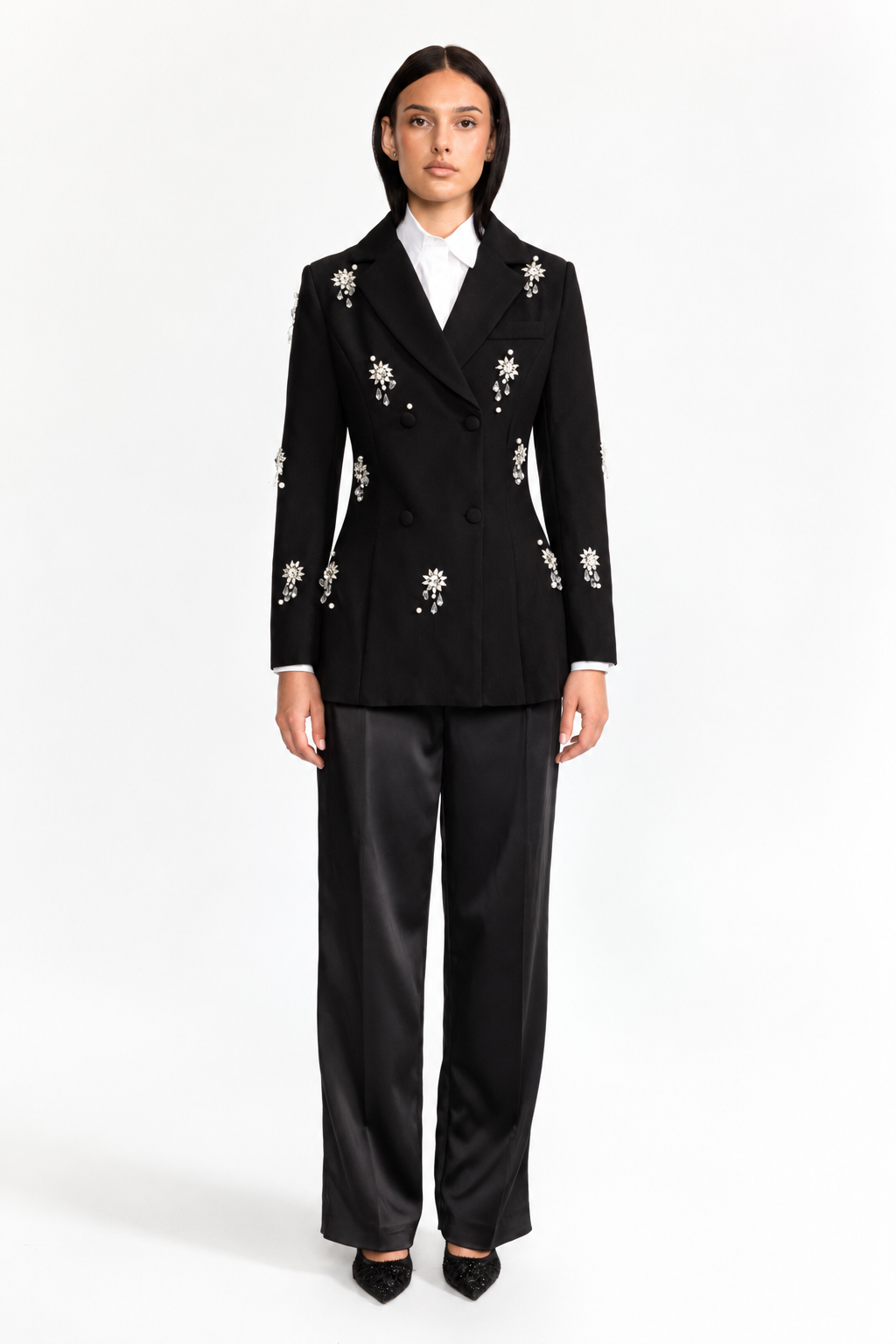 Crystal Brooch Embellished Double-Breasted Blazer - Black