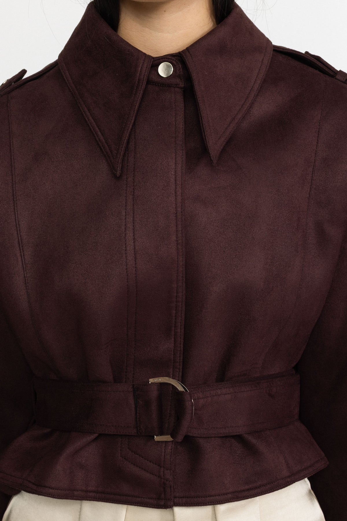 Cape-Jacke aus Veloursleder mit Gürtel - Burgunderrot 