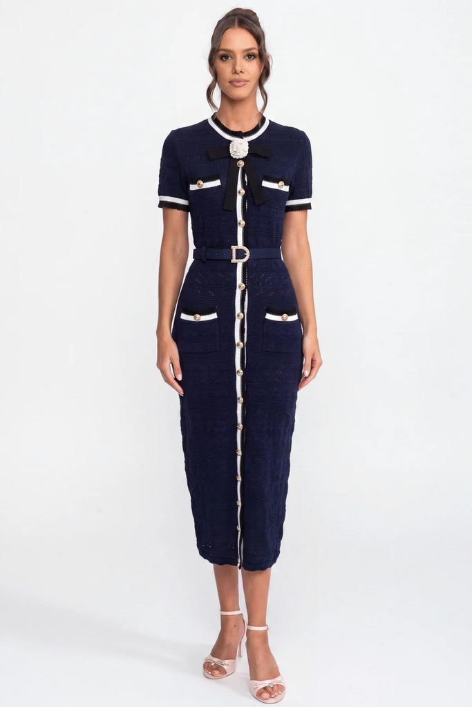 Knit Midi Dress With White Piping And Gold Buckle Belt - Navy