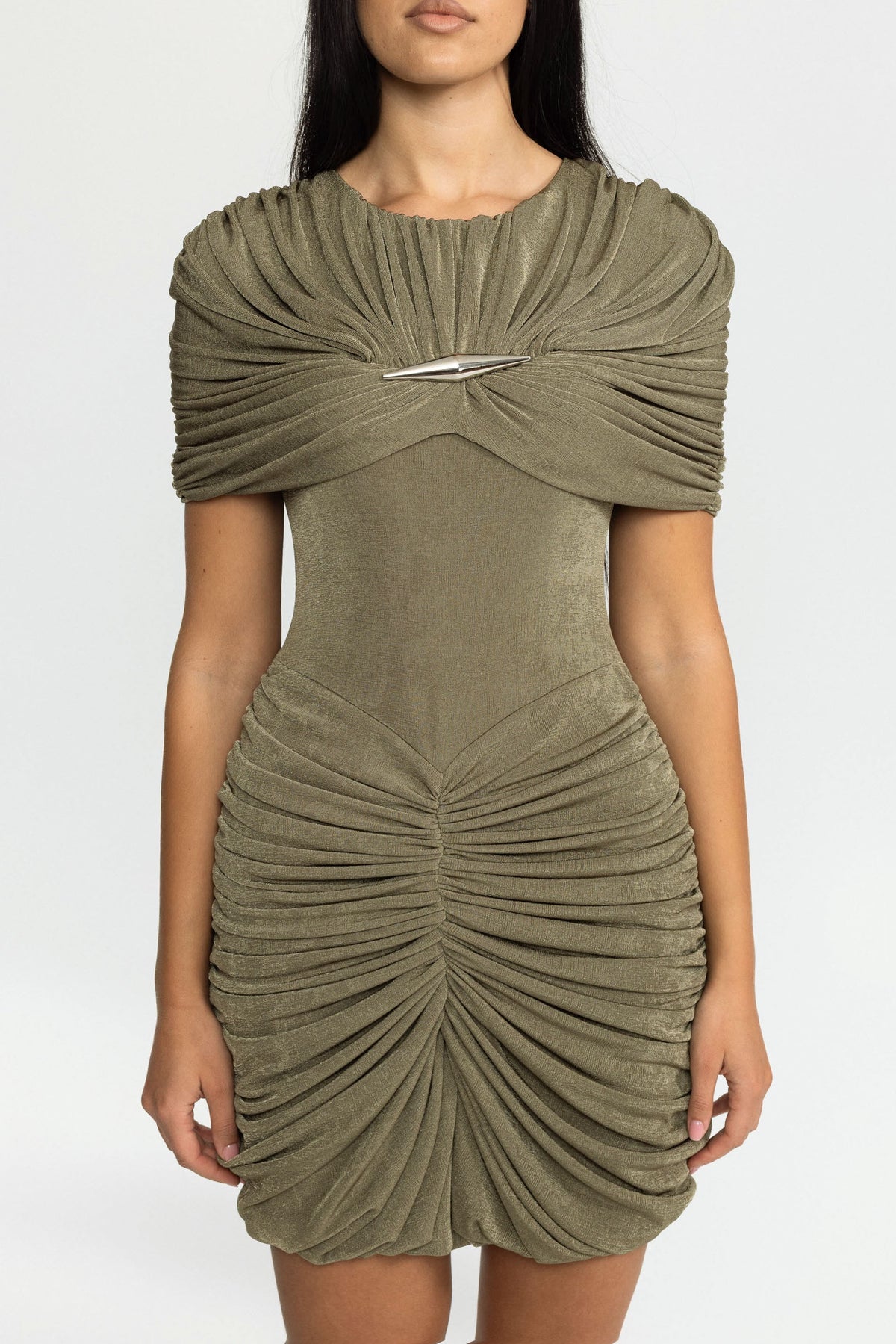 Drapiertes Mini-Cape-Kleid mit Raffungen - Oliv 