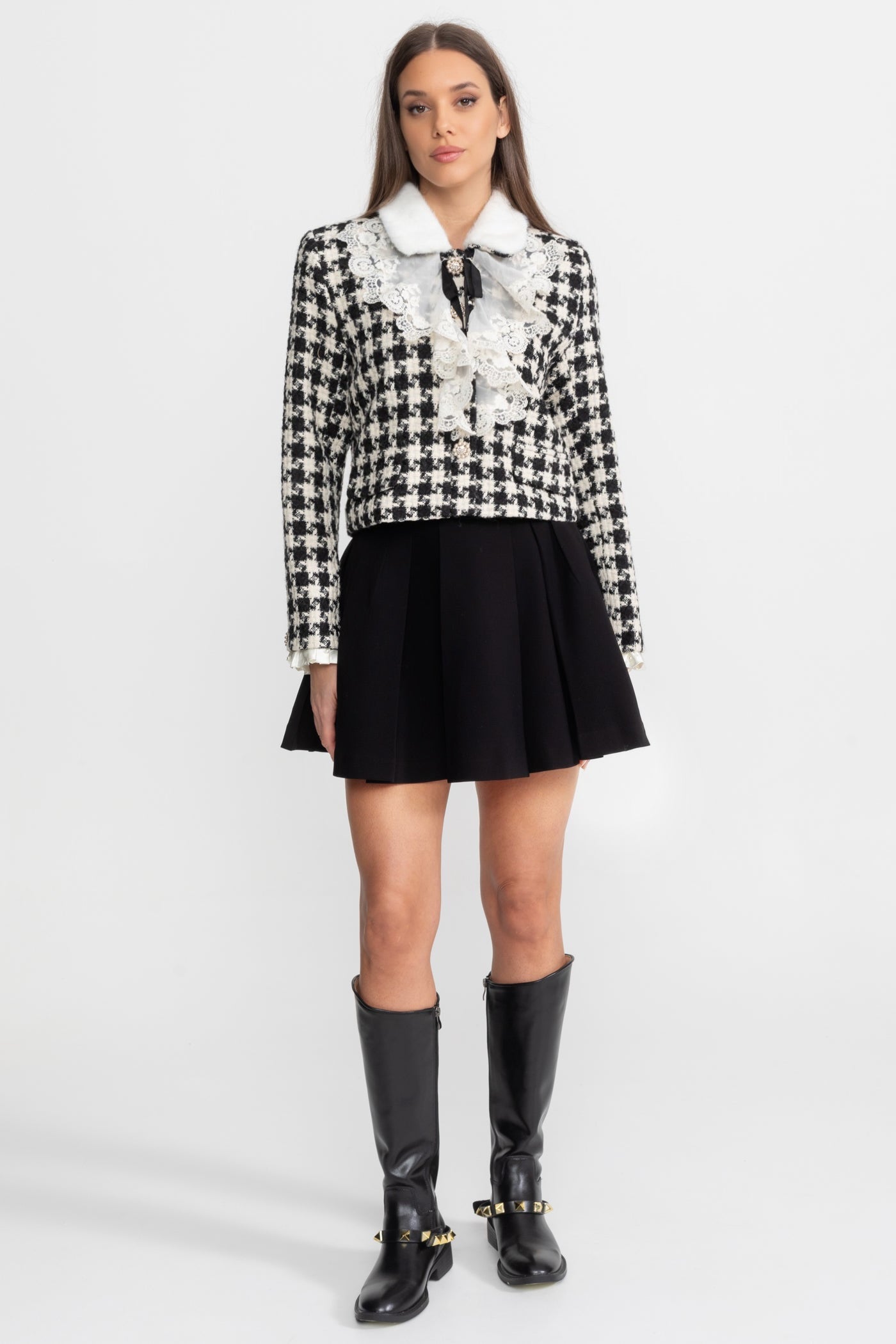 Tweed Cropped Jacket with Lace Ruffle and Mink Fur Collar – Black & White