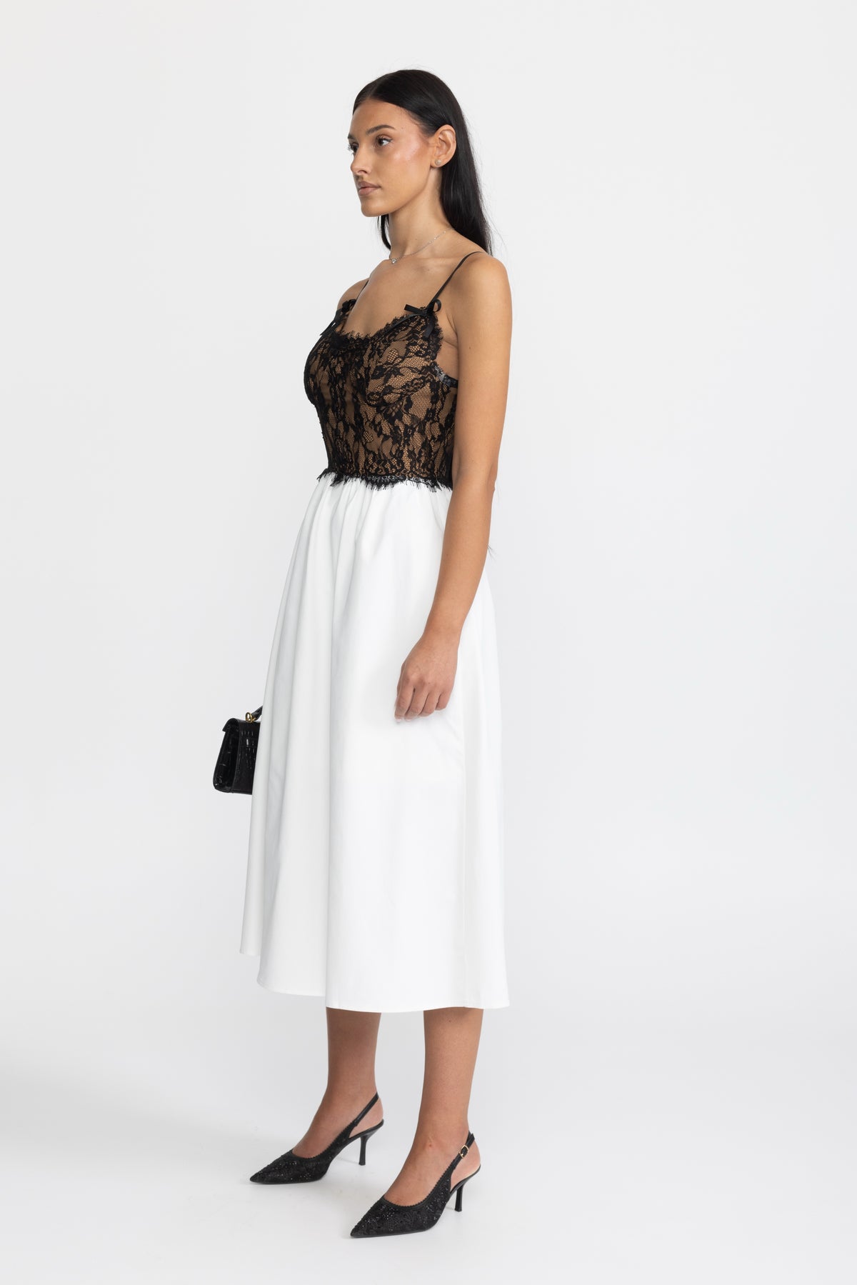 Midi-Kleid aus Popeline mit Bustier aus Spitze - Schwarz & Weiß 