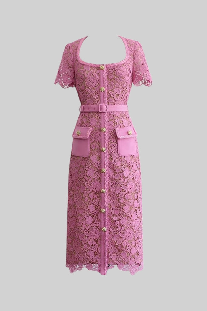 Exquisites Midi-Kleid aus Spitze mit kurzen Ärmeln - Rose 