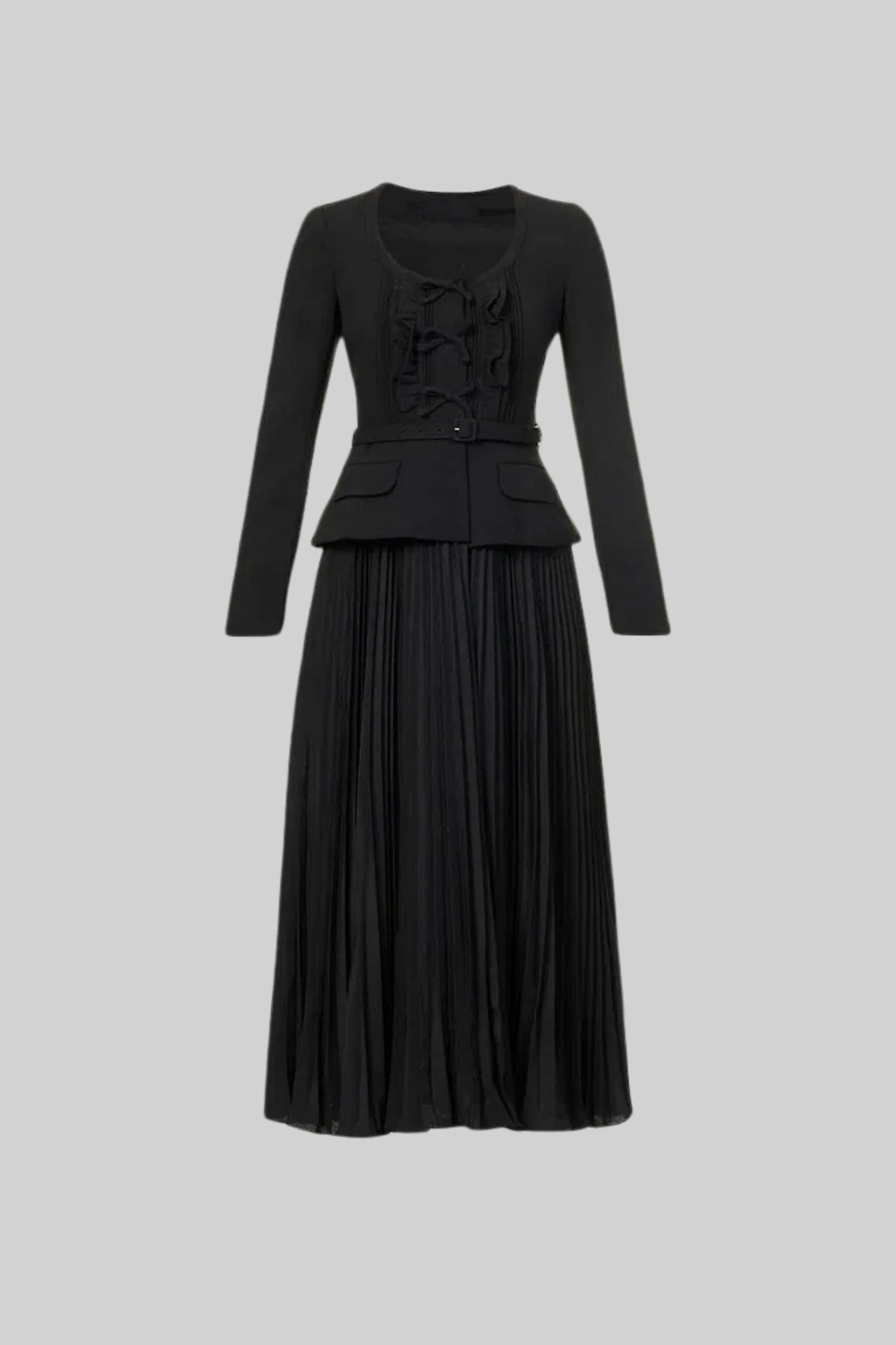 Long Sleeved Dress With Fitted Bodice And Maxi Pleated Skirt - Black
