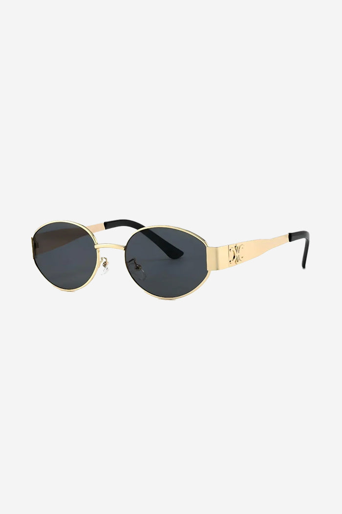 Oval Frame Sunglasses with Engraved Wide Gold Temples – Black