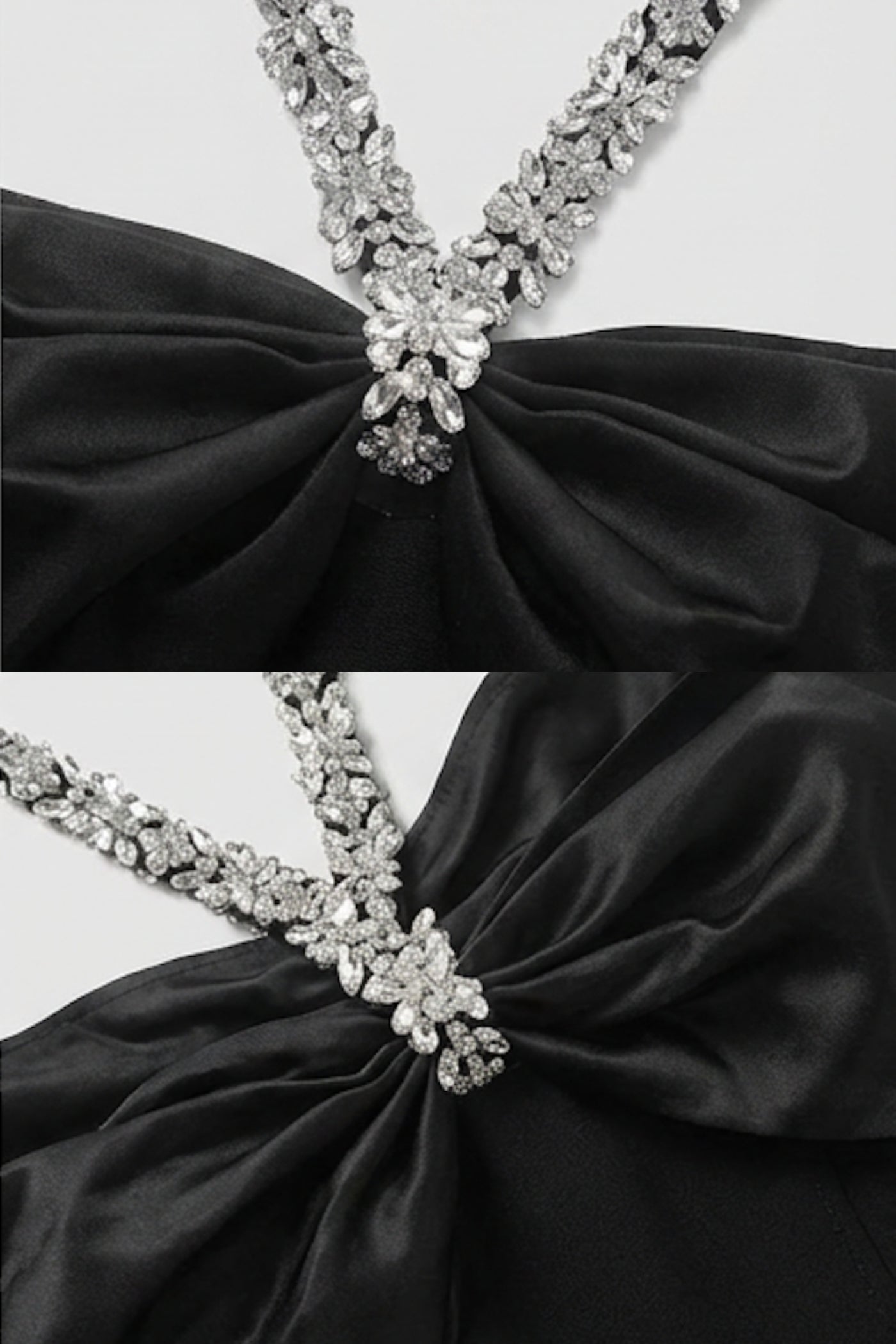 Embellished Bow-Neck Maxi Dress with Crystal Straps – Black