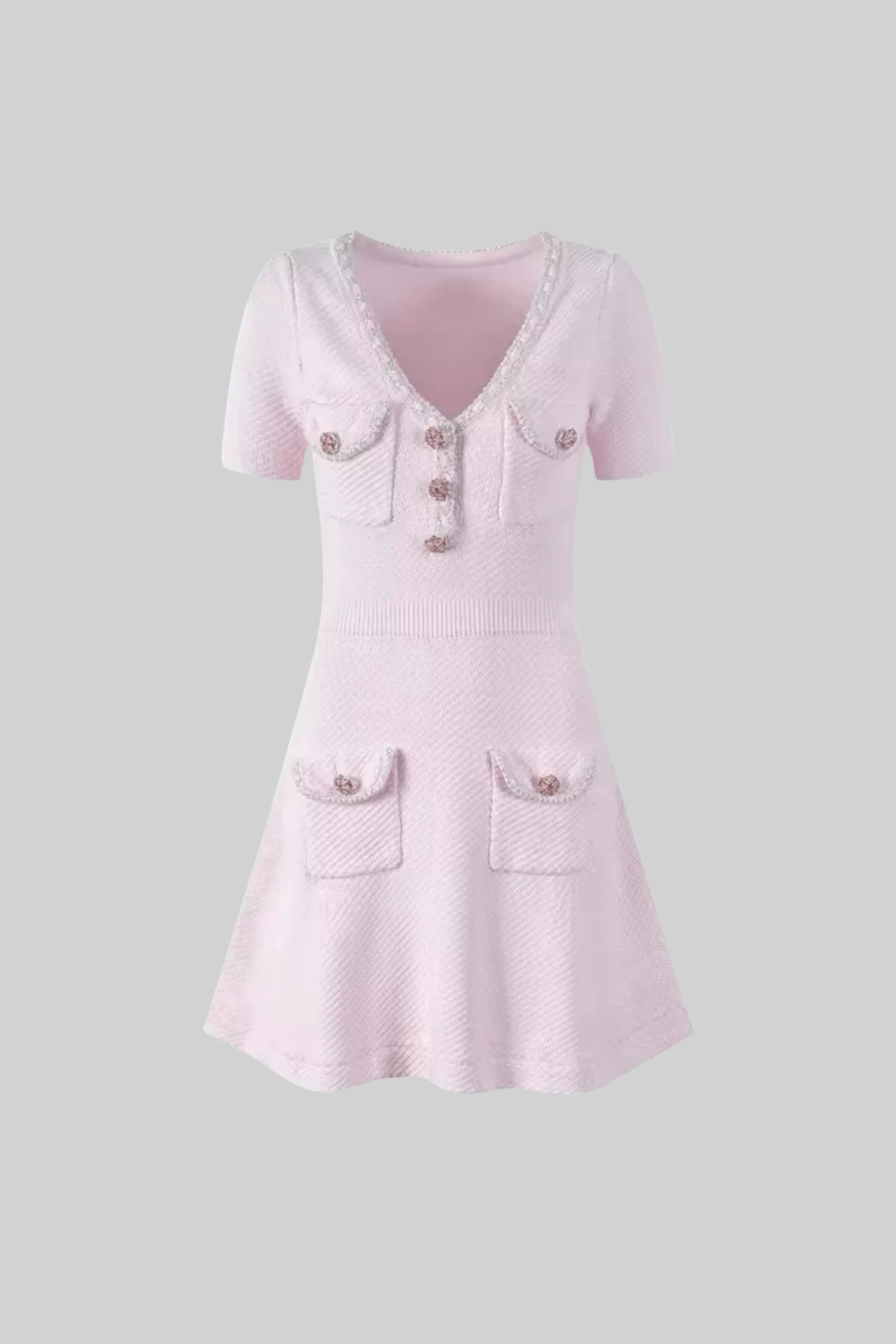 Texturiertes Mini-Kleid mit kurzen Ärmeln, V-Ausschnitt und Schmuckknöpfen - Pink 