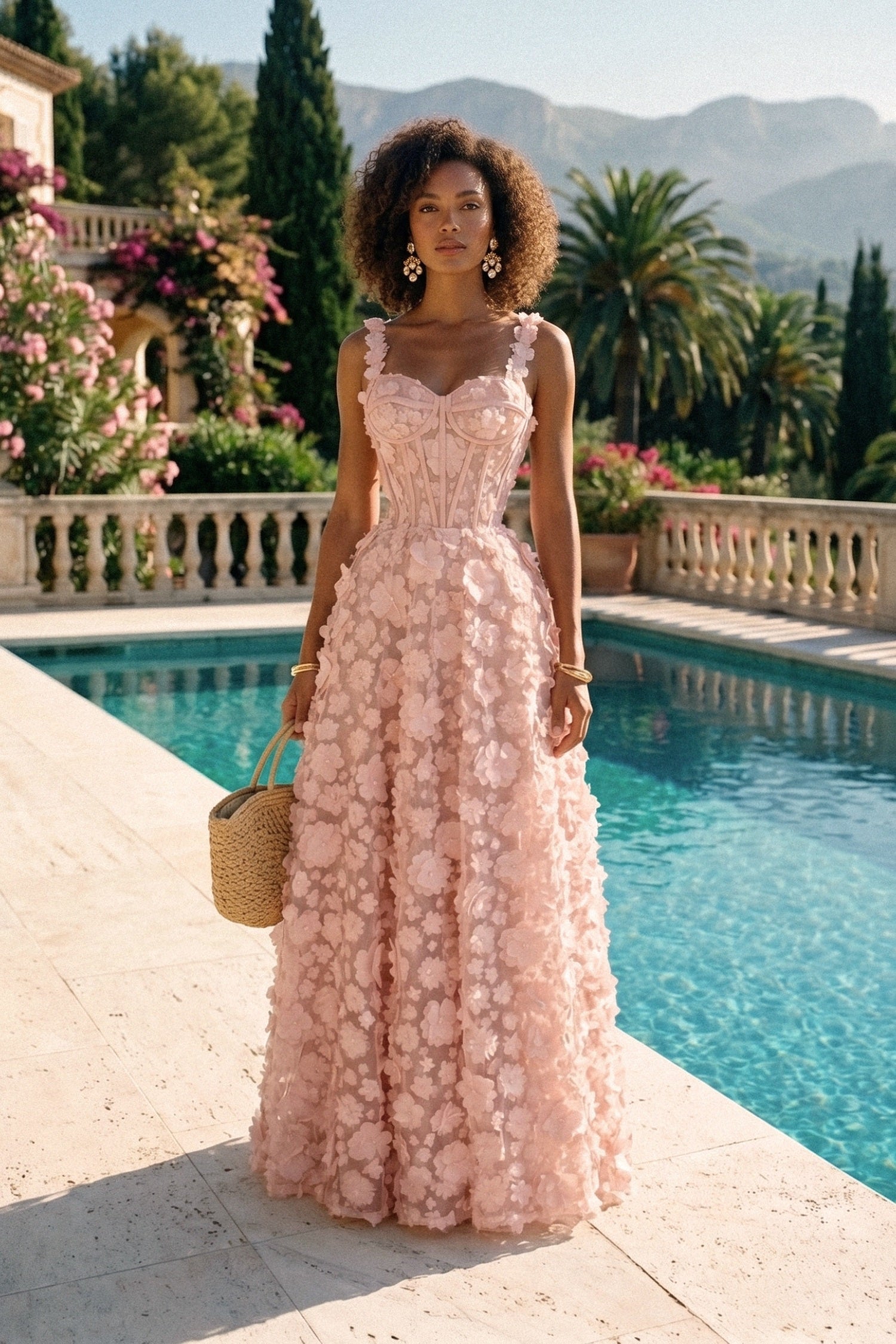 Maxikleid mit floraler Applikation und Korsagen-Oberteil - Pink 
