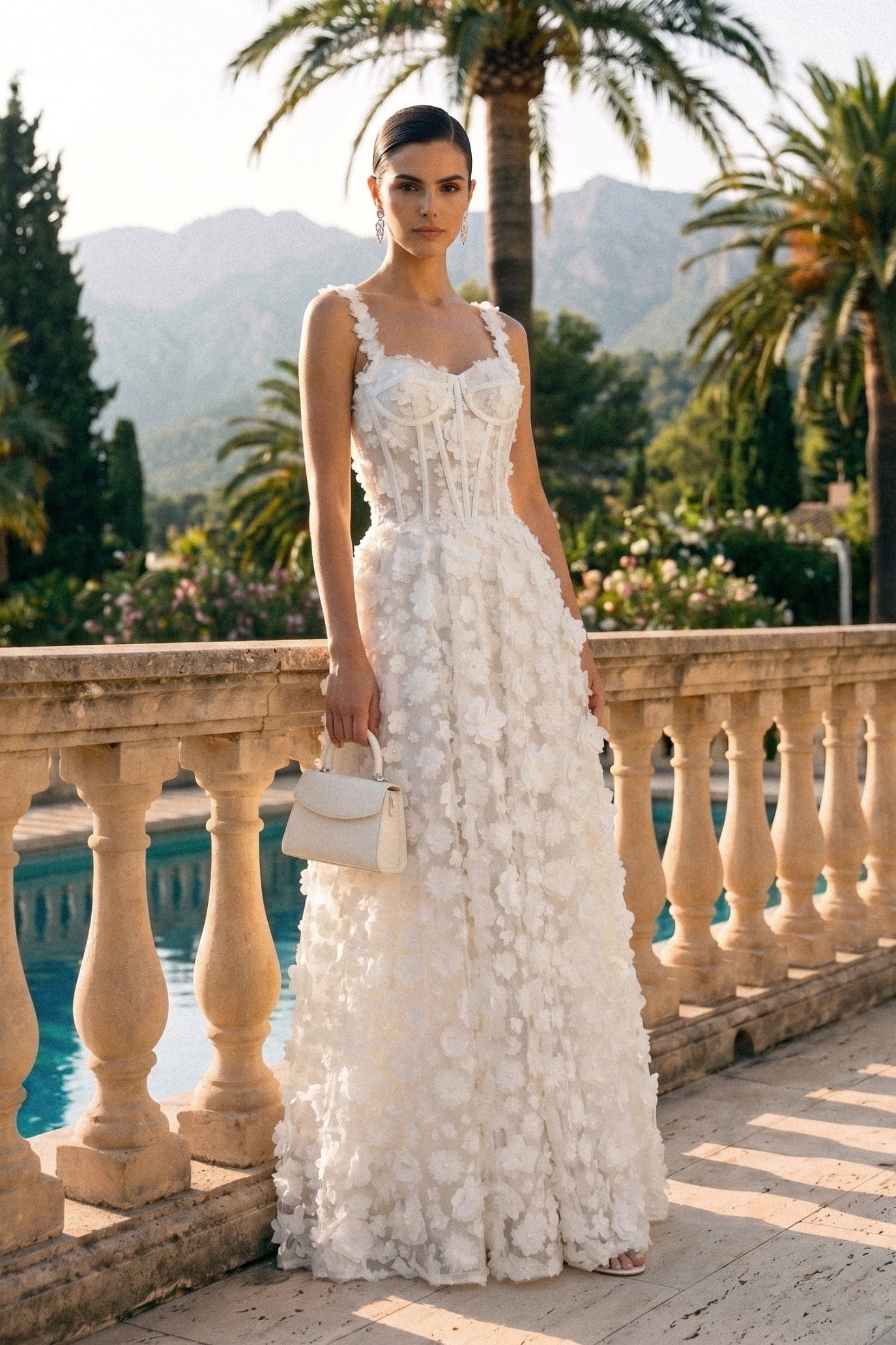 Maxikleid mit floralen Applikationen und Korsett-Oberteil - Weiß 