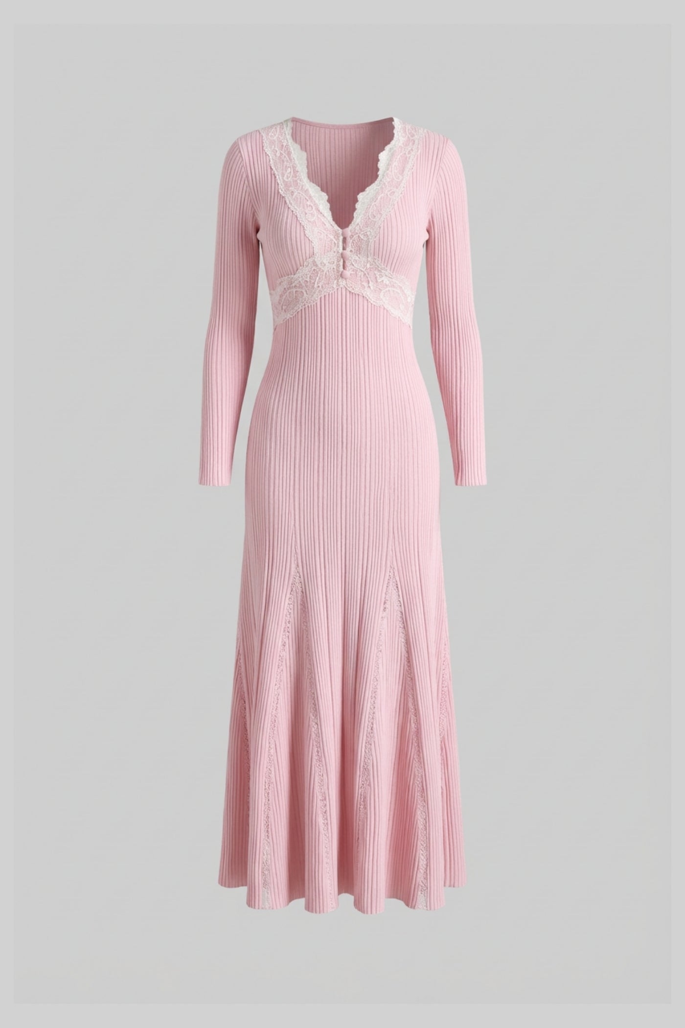 Geripptes Midi-Kleid mit langen Ärmeln und V-Ausschnitt mit Spitzenbesatz - Baby Pink 