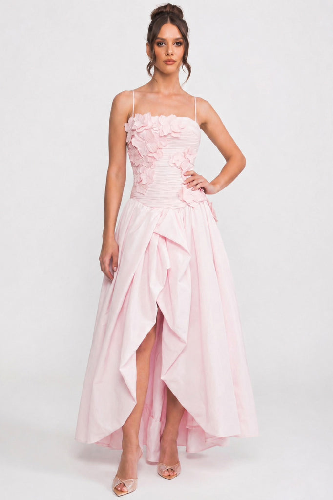 Schulterfreies Ballkleid mit 3D-Blütenoberteil und voluminösem Rock - Pink 