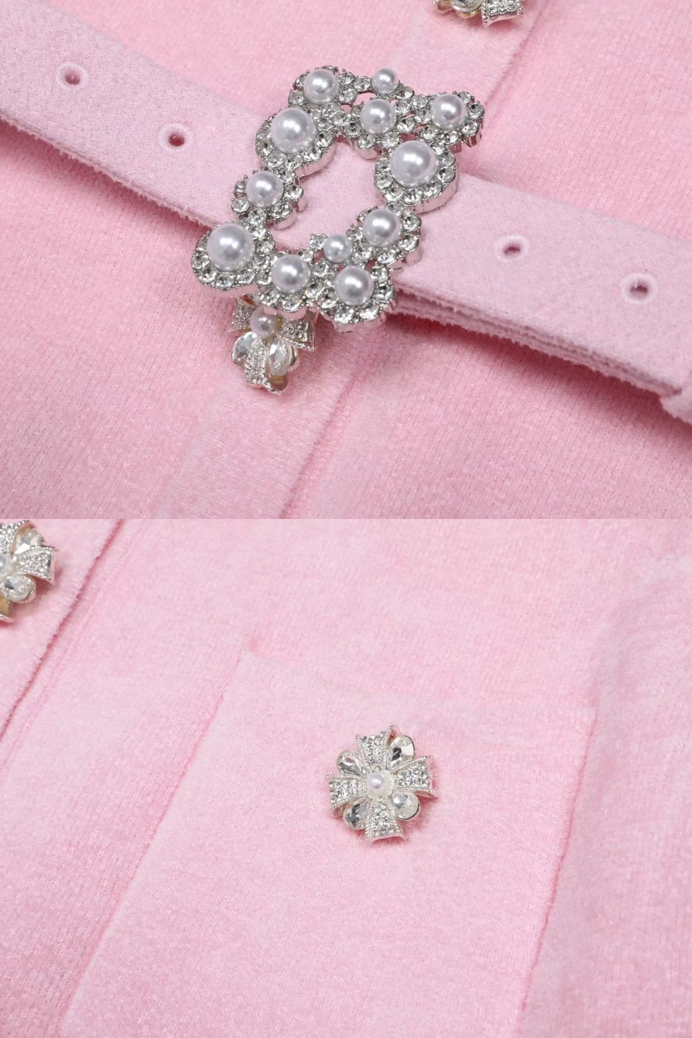 Langärmliges Co-Ord mit tailliertem Strickoberteil und Kristallknopf-Detail - Blush Pink 