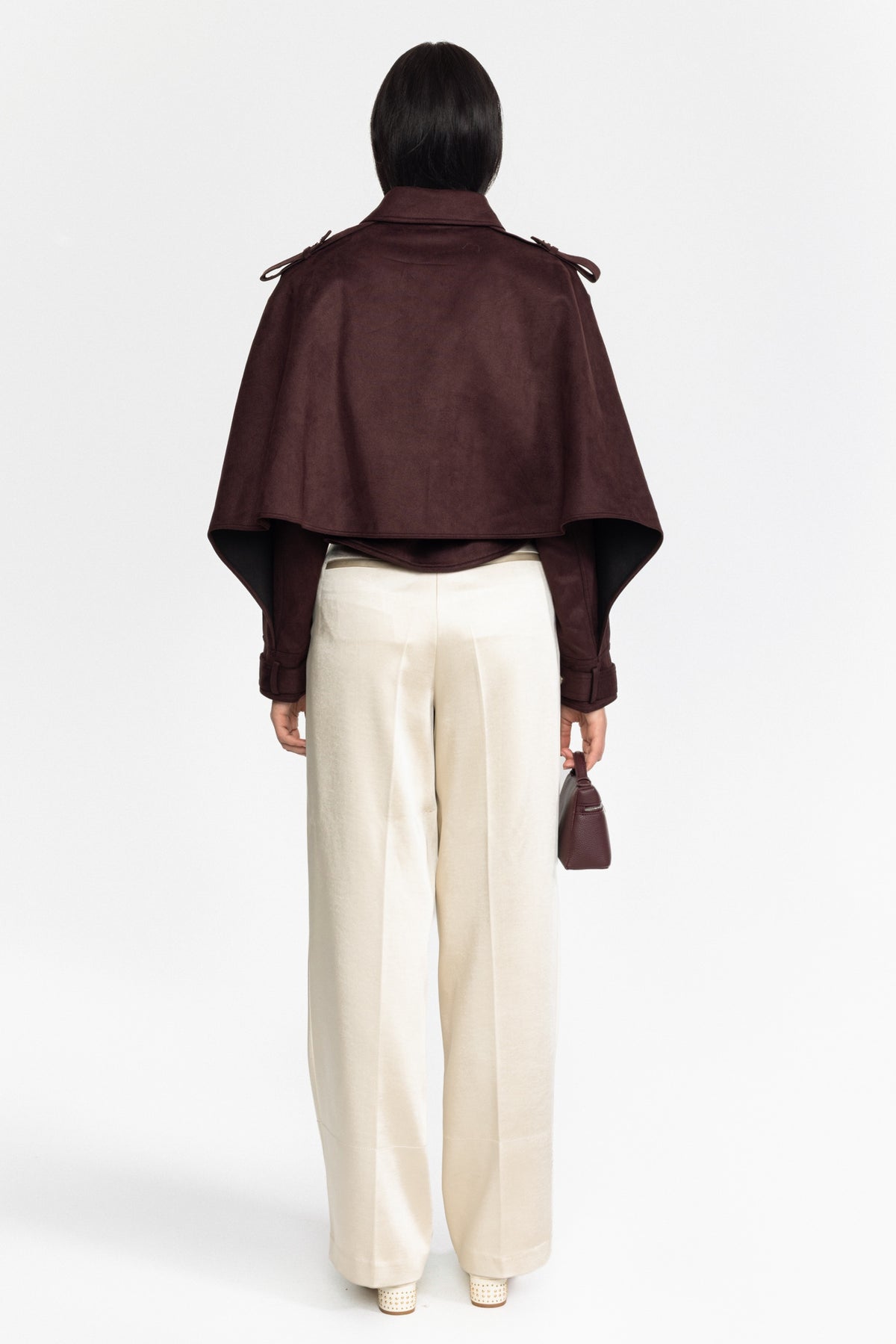Cape-Jacke aus Veloursleder mit Gürtel - Burgunderrot 