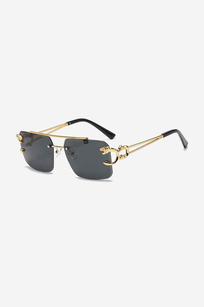 Rimless Square Sunglasses with Gold Panther Detail and Double-Bar Temples – Black