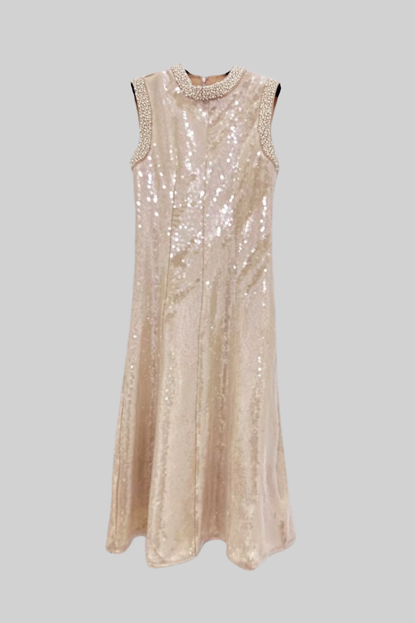 Elegant Sequin Dress With White Pearl Embellishments - Beige