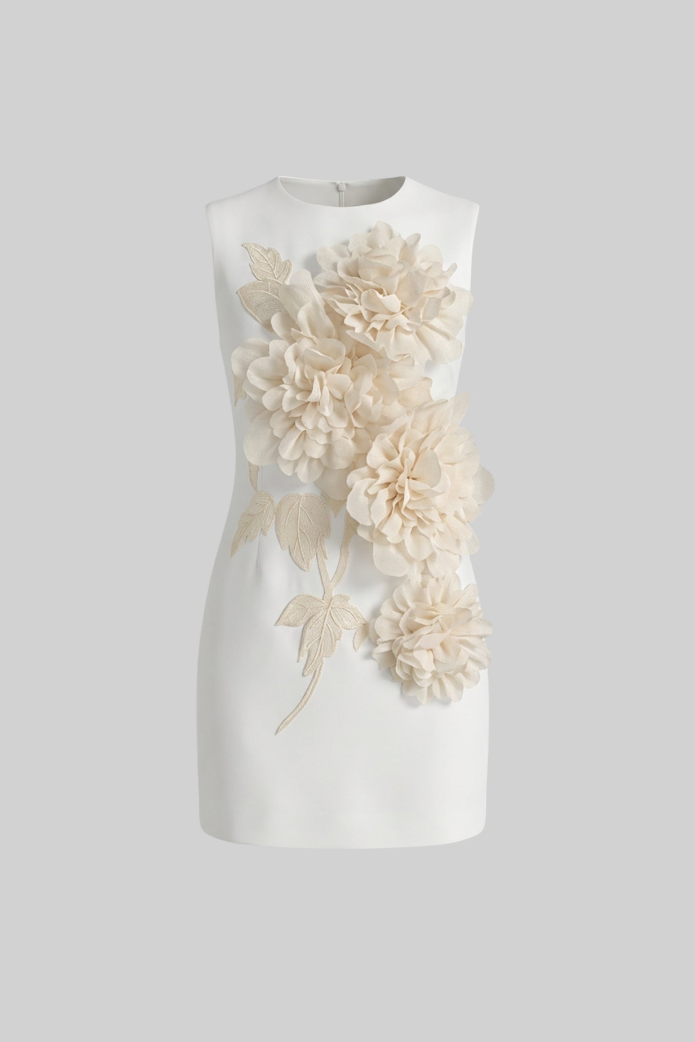 Sleeveless Mini Dress With Round Neckline And 3D Floral Appliqué - White
