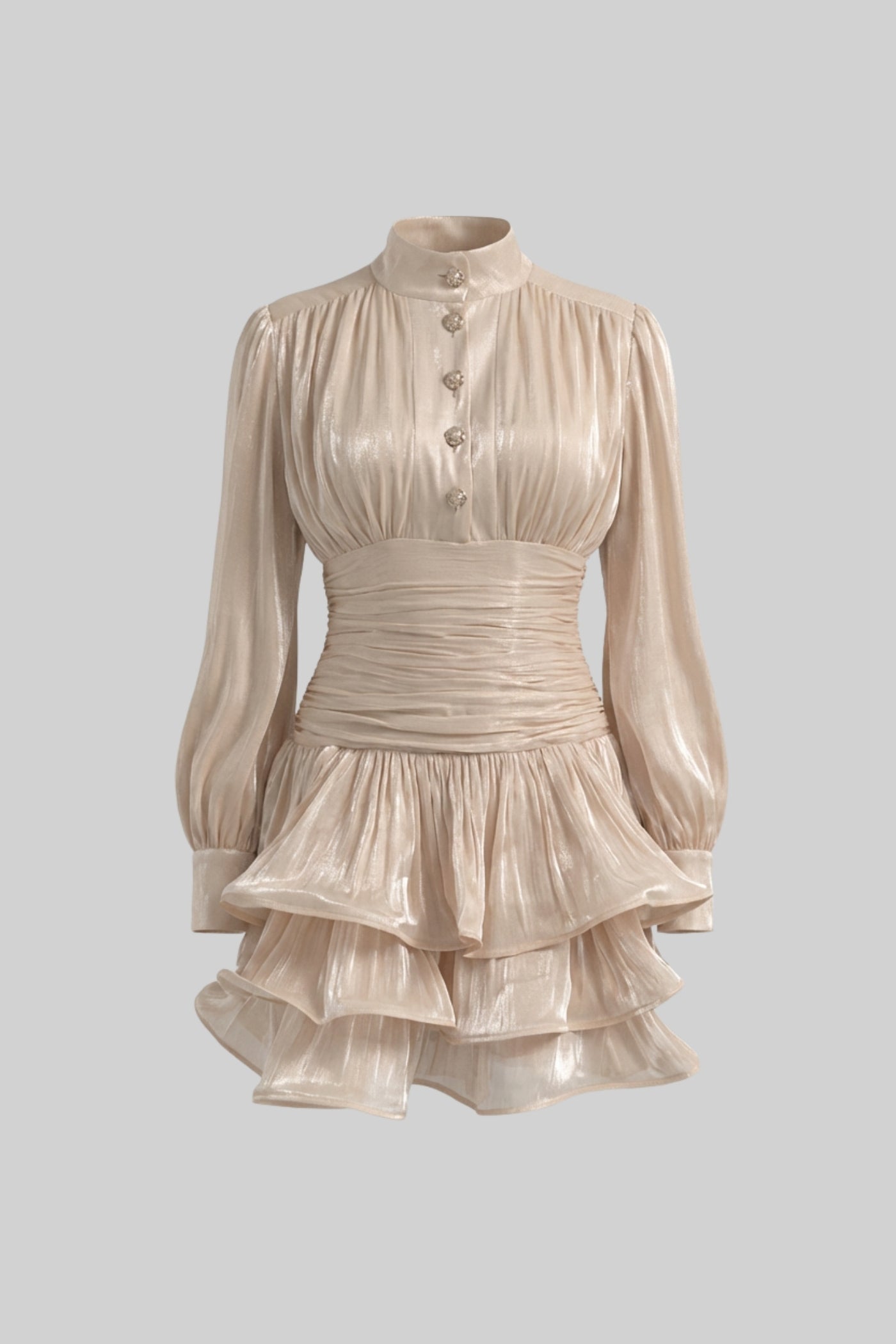 Langes, drapiertes Minikleid mit Stufenvolant-Rock - Champagne 