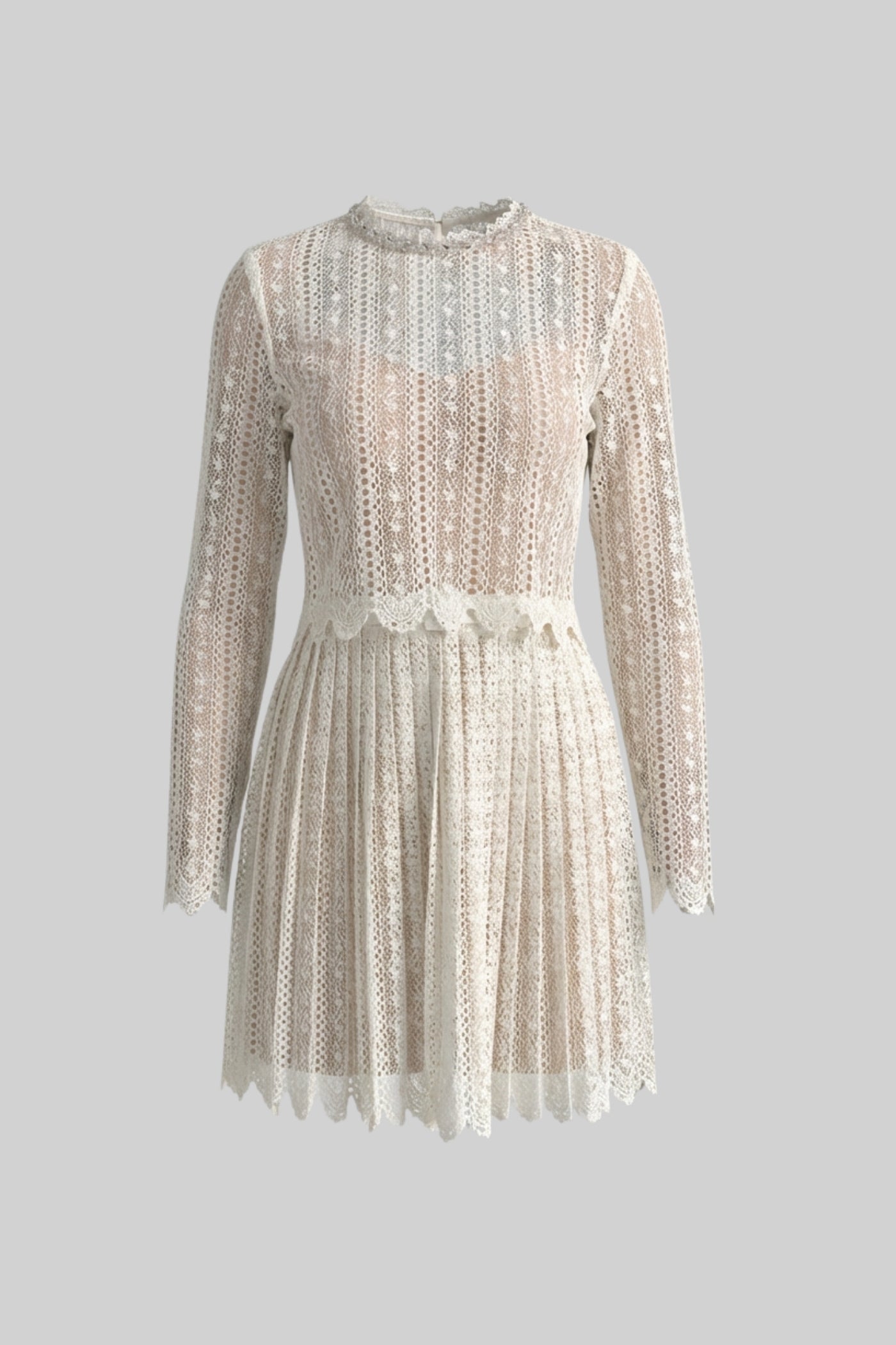Lace Mini Dress With High Neckline And Pleated Skirt - Ivoire