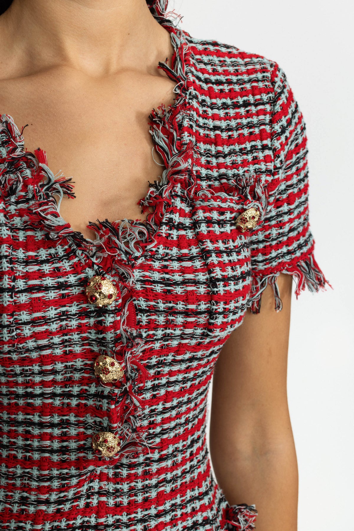 Minikleid aus Tweed-Strick mit Fransen - Rot Multicolor 