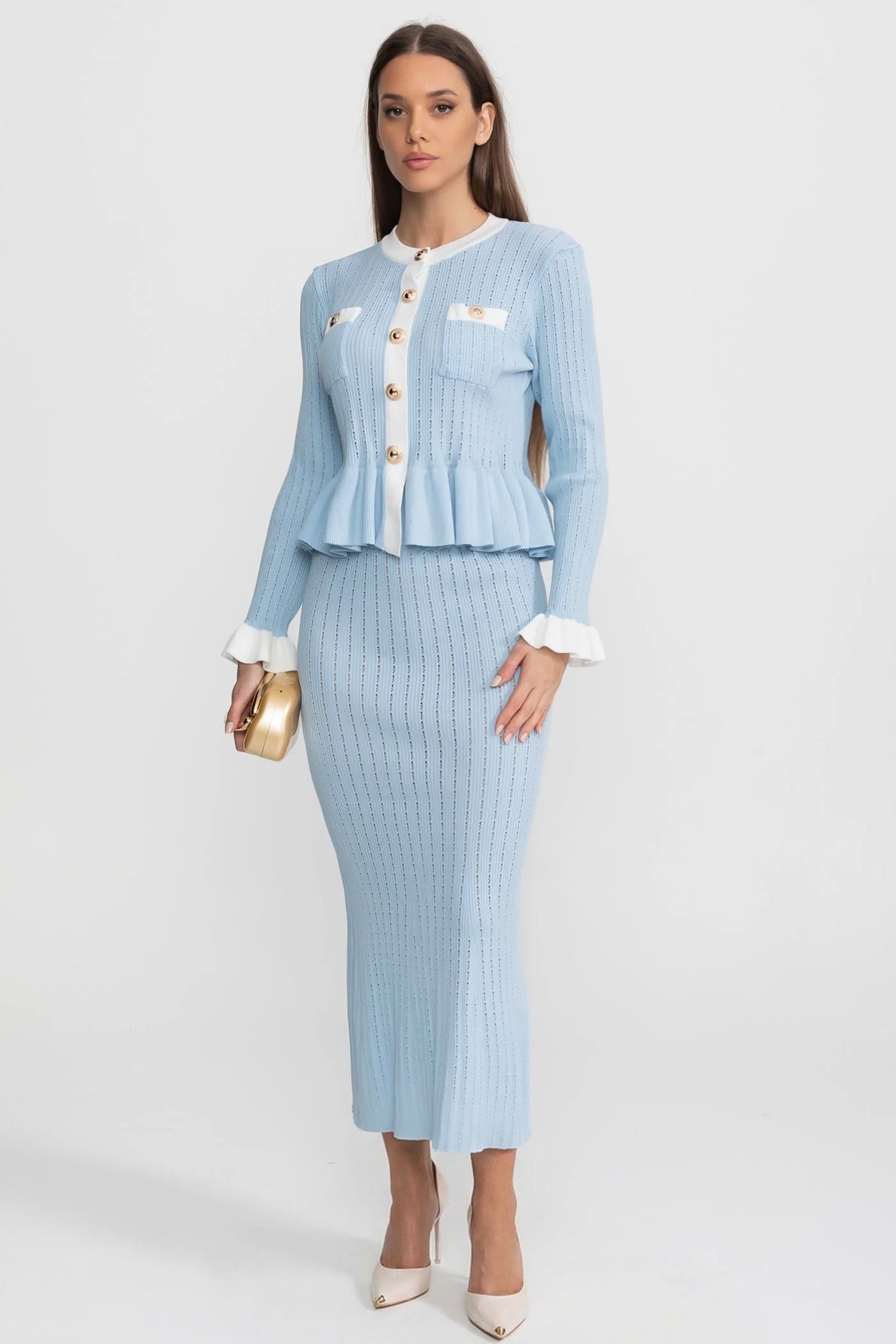 Pointelle Strick Midi Co-Ord mit kontrastierendem Besatz – Baby Blue 