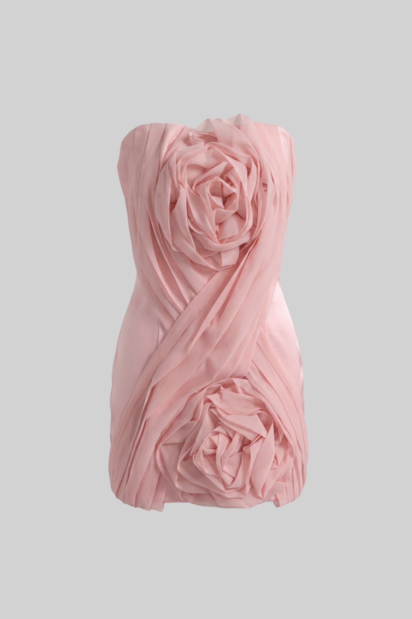 Strapless Mini Dress With Draped Bodice And 3D Rose Appliqués - Blush Pink