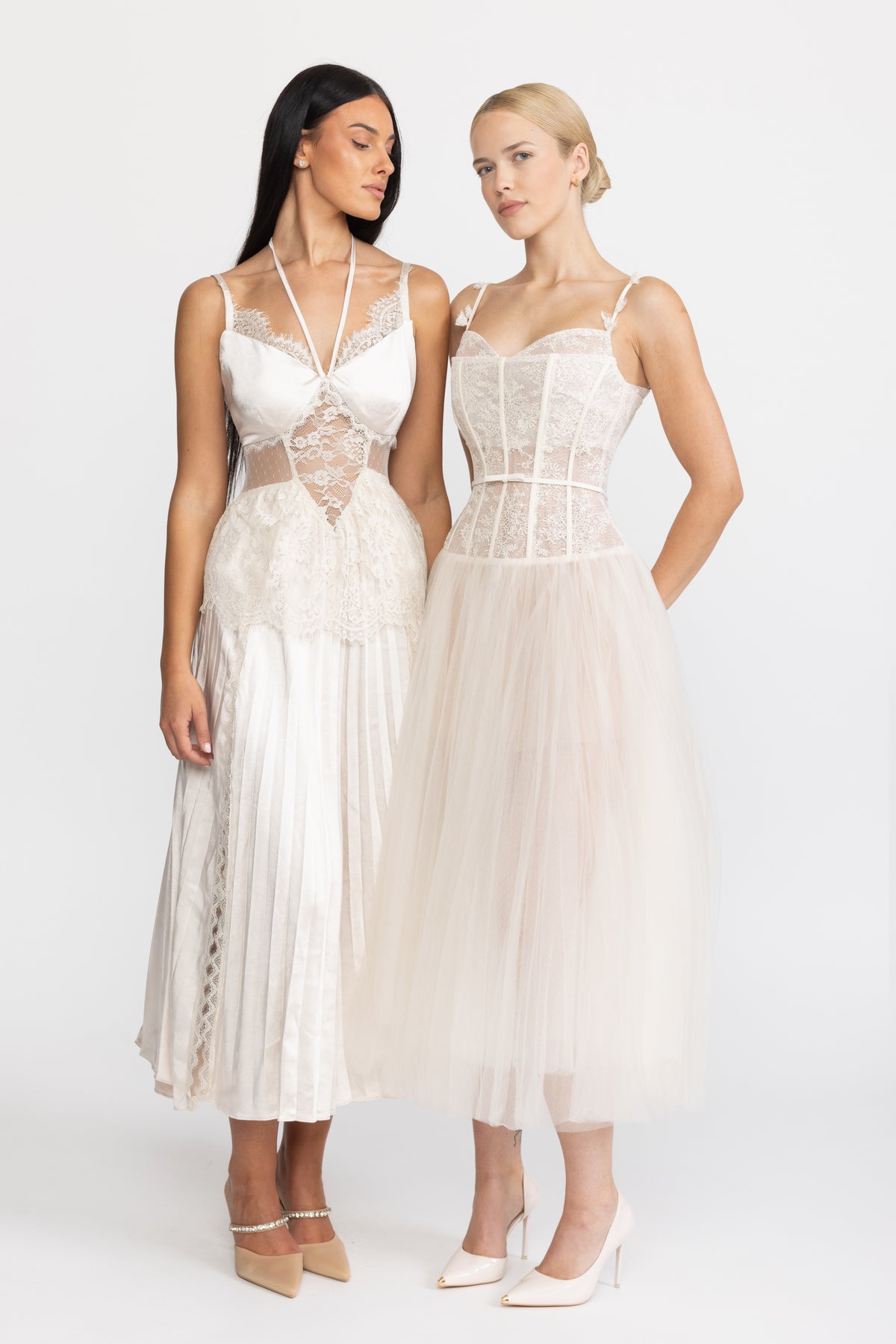 Midi-Kleid aus Tüll mit Spitzenkorsage – Beige 