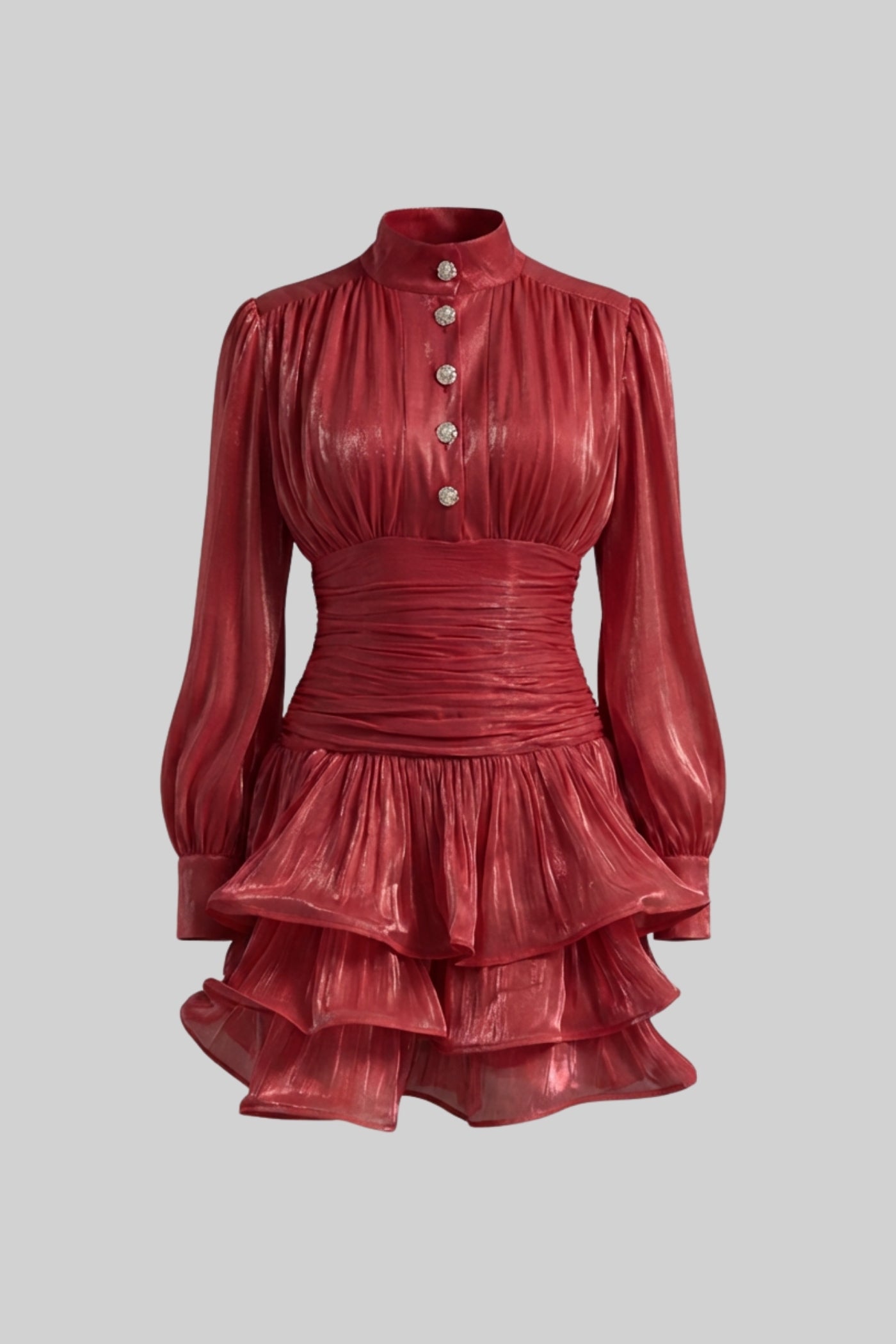 Langes, drapiertes Minikleid mit Stufenvolants am Rock – Rot 