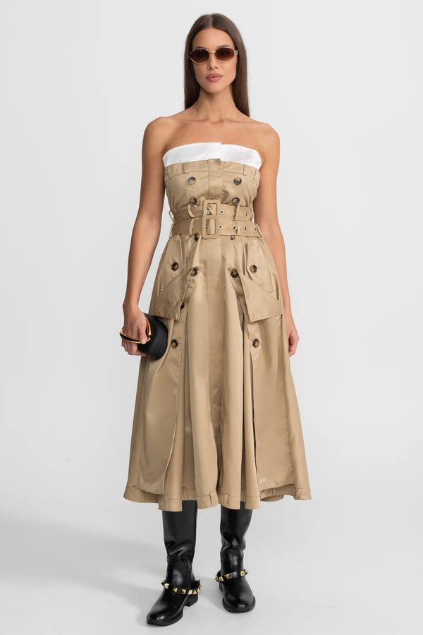 Trägerloses Trench-Midikleid mit tailliertem Gürtel – Beige 