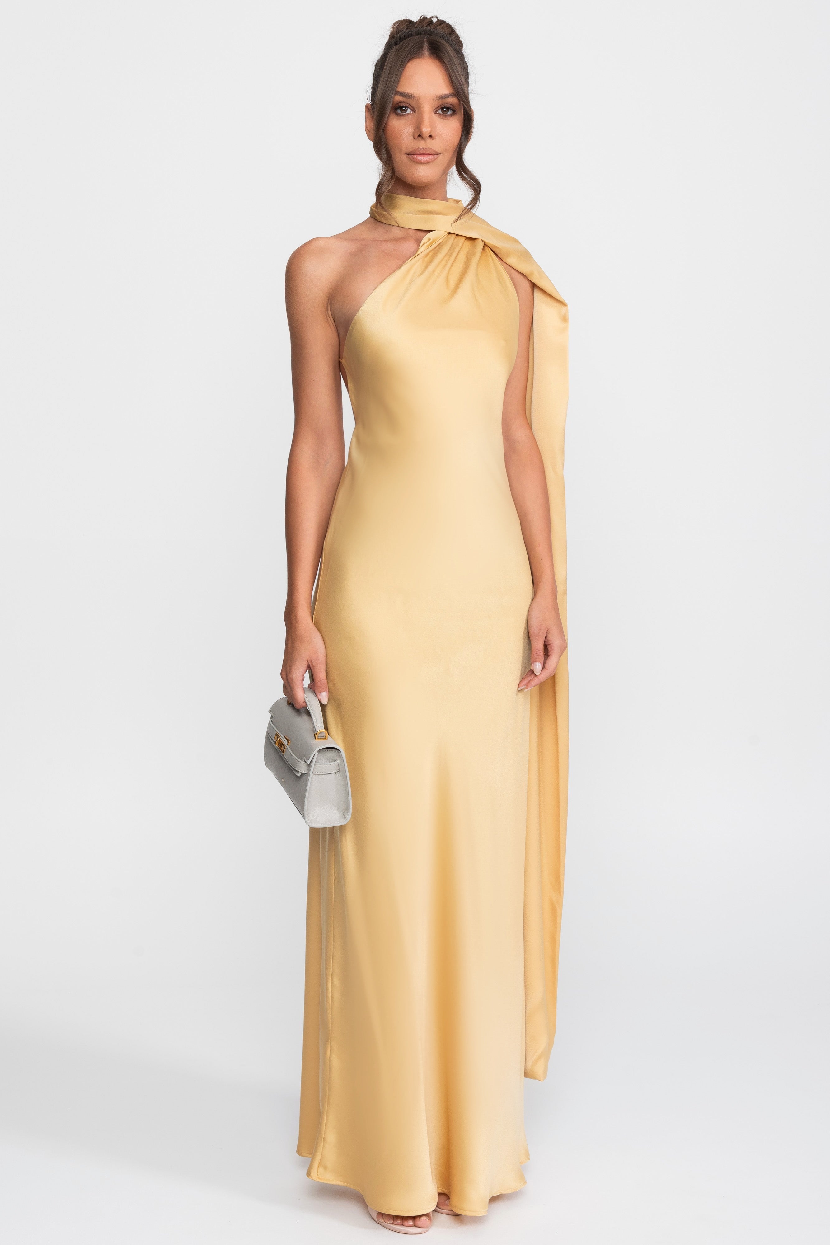 Twist-Halfter-Satin-Slip-Kleid mit asymmetrischem Ausschnitt - Gelb 
