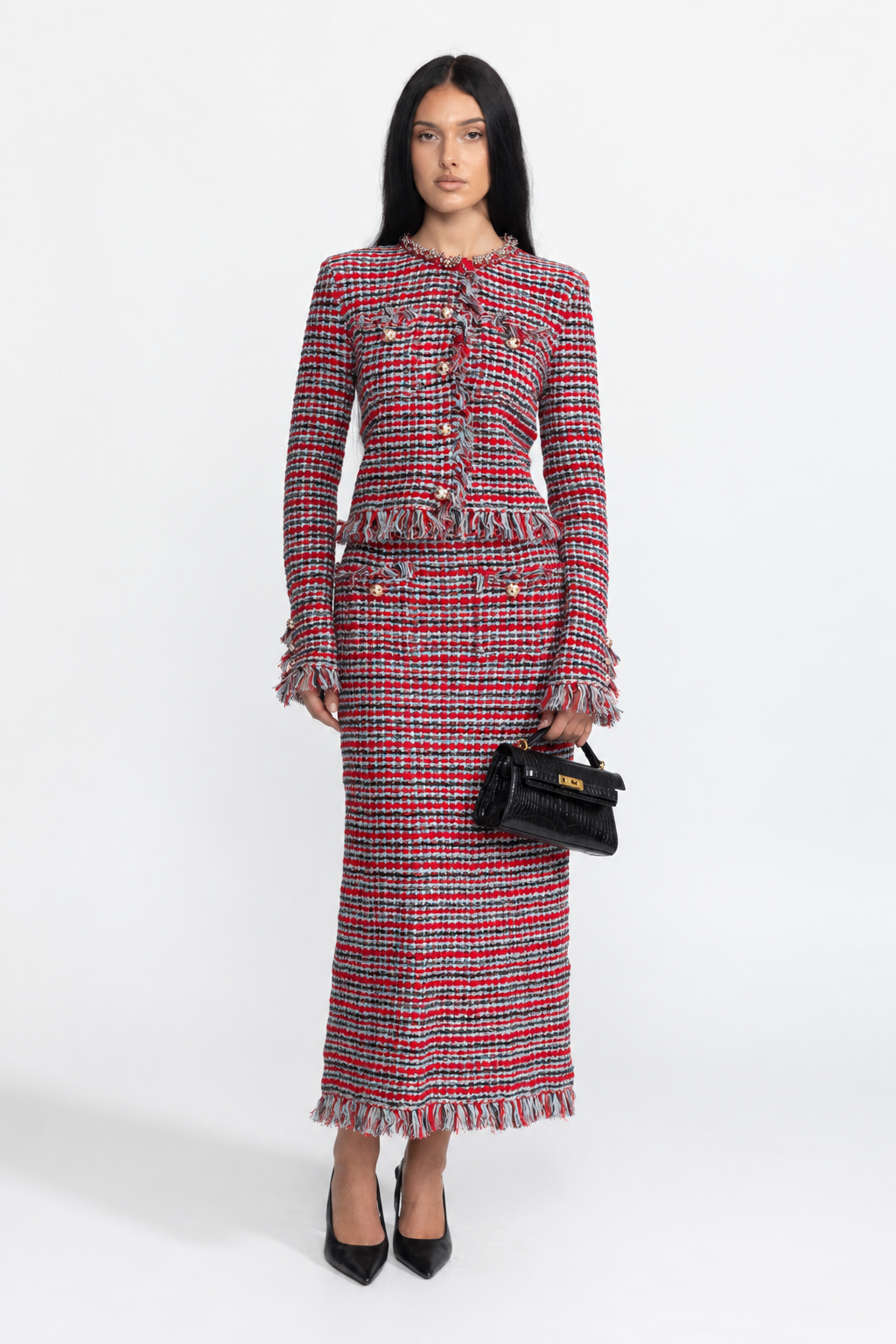 Tweedjacke mit Fransen und Midirock im Co-ord-Set - Rot Multi 