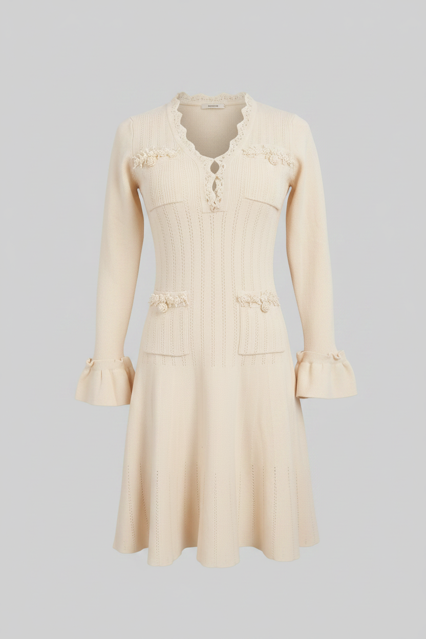 Strick-Midikleid mit V-Ausschnitt, langen Ärmeln, Rüschensaum und Schleifenmanschetten - Ivoire 