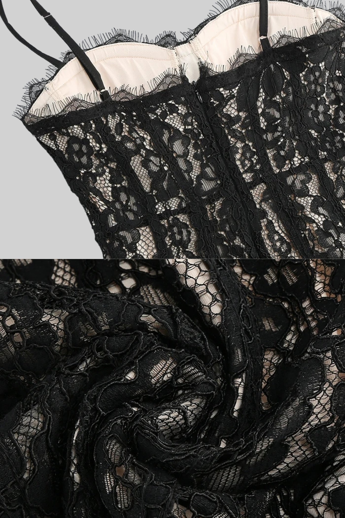 Spitzen-Midikleid mit transparentem Korsett-Oberteil – Schwarz 