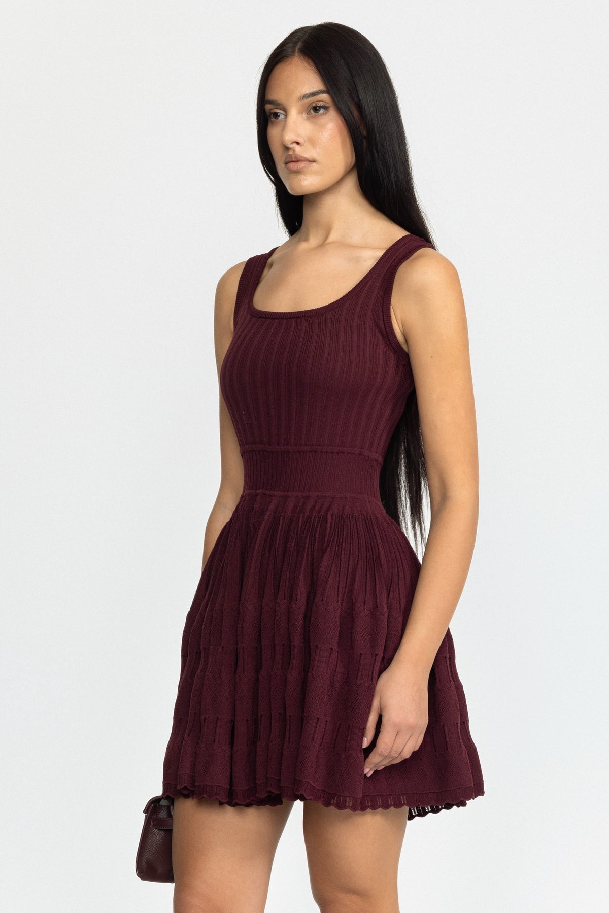 Skater-Minikleid aus Pointelle-Strick - Weinrot 