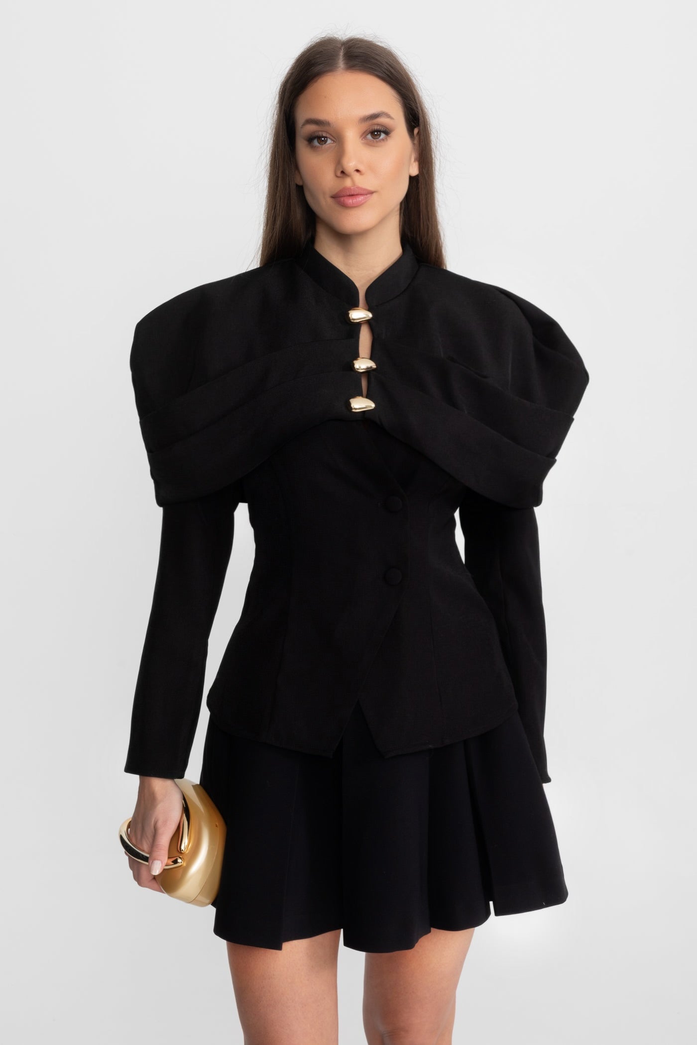 Tailored Blazer with Sculptural Cape Overlay and Gold Buttons – Black