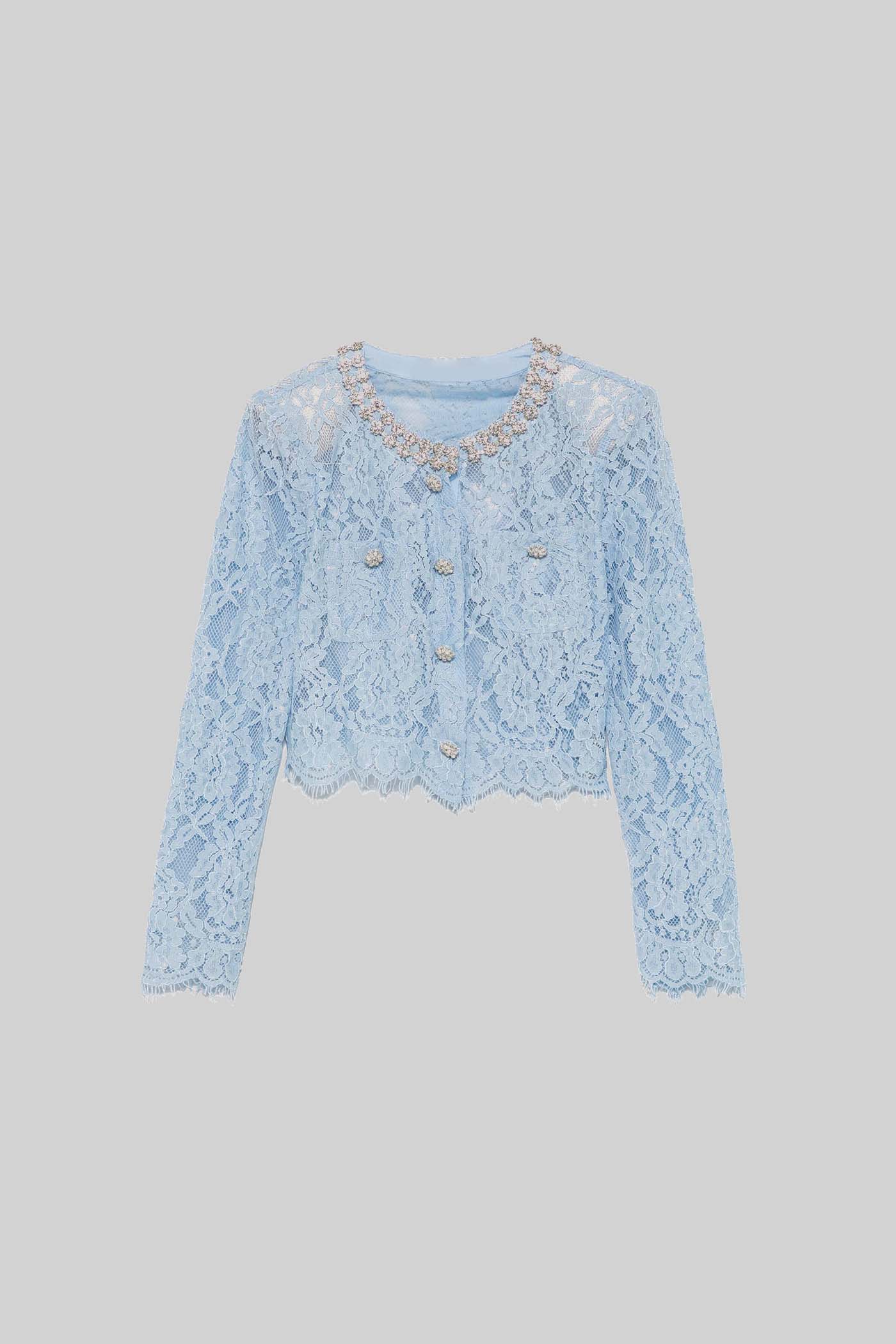 Lace Co-Ord With Sparkling Neckline Embellishments And Midi Skirt - Blue