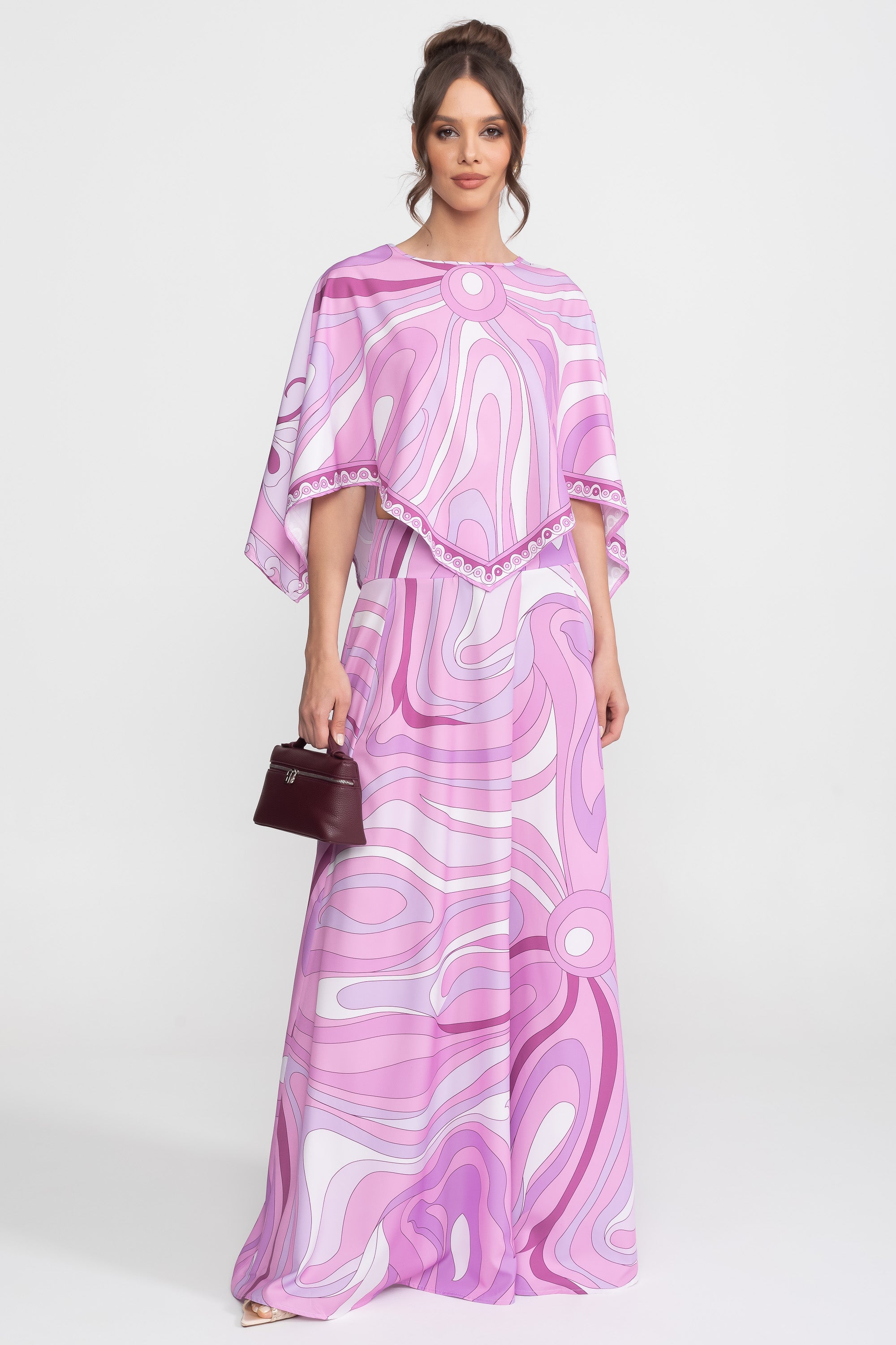 Co-Ord-Set mit bedrucktem Cape-Top und Maxirock - Pink 