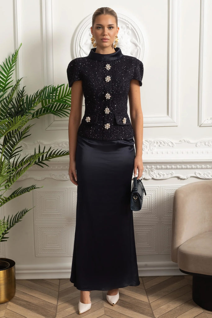 Co-Ord Set with Tweed Embellished Top and Satin Maxi Skirt - Navy