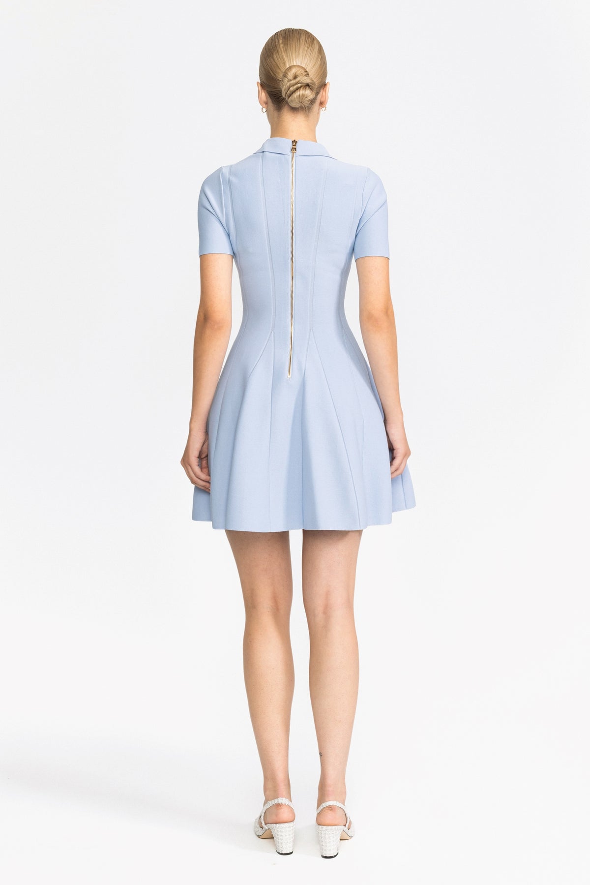 Knit Polo Collar Lion-Button Mini Dress - Light Blue