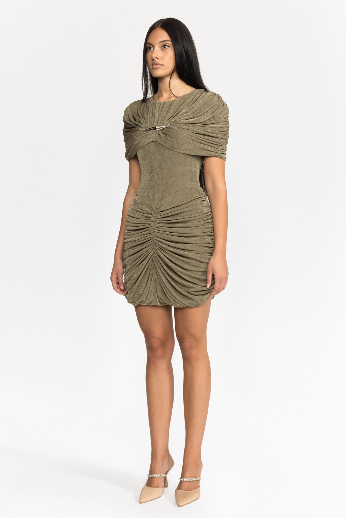 Drapiertes Mini-Cape-Kleid mit Raffungen - Oliv 