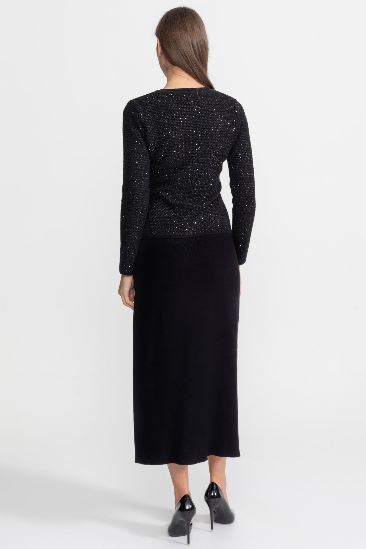 Embellished Tweed Co-Ord Set with Bow Closures And Midi Skirt – Black