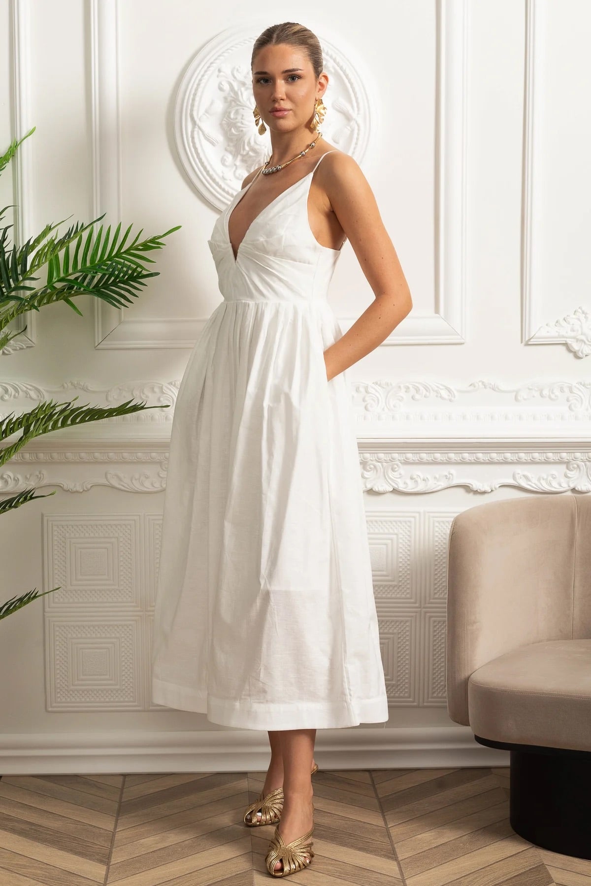 Ruched Bodice Strappy Midi Dress with Smocked Back and Gathered Skirt- White