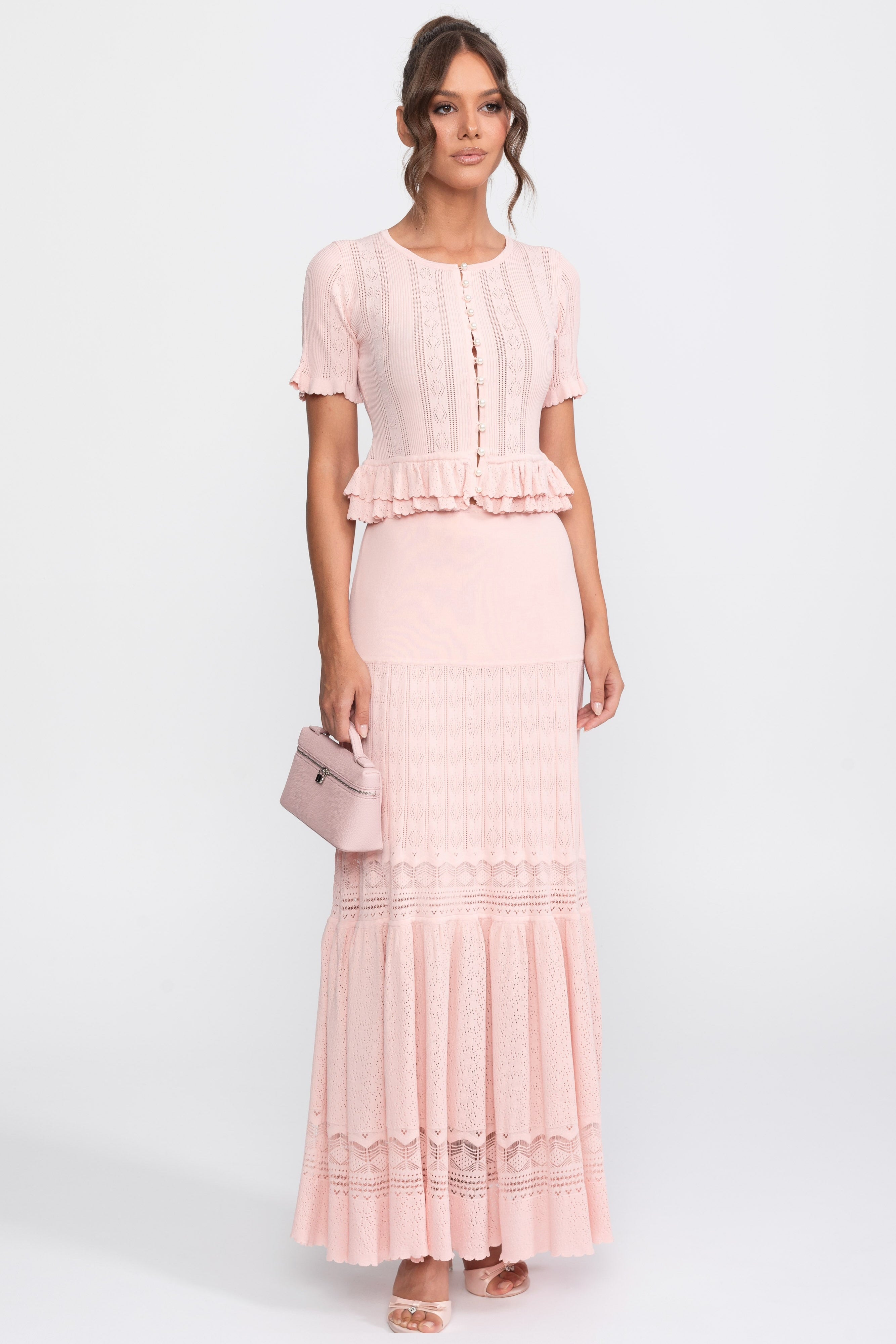 Zweiteiliges Strick-Co-Ord-Set mit gerafftem Bund - Pink 