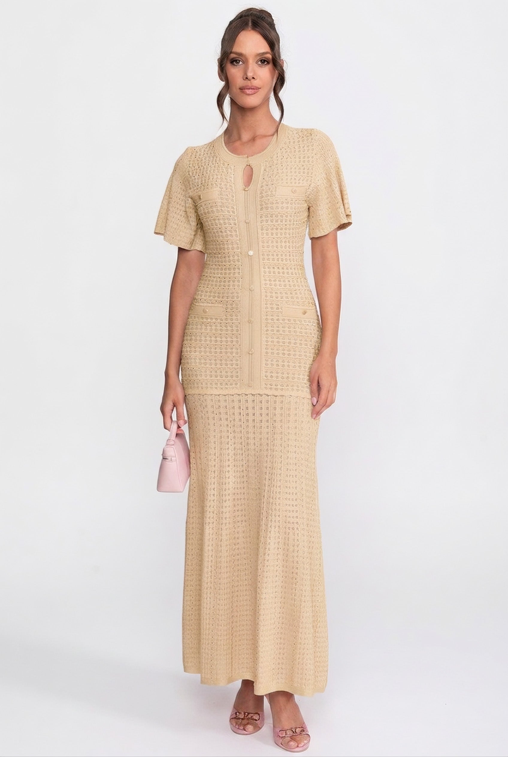 Midikleid mit kurzen Ärmeln und schimmernder Stricktextur - Beige 
